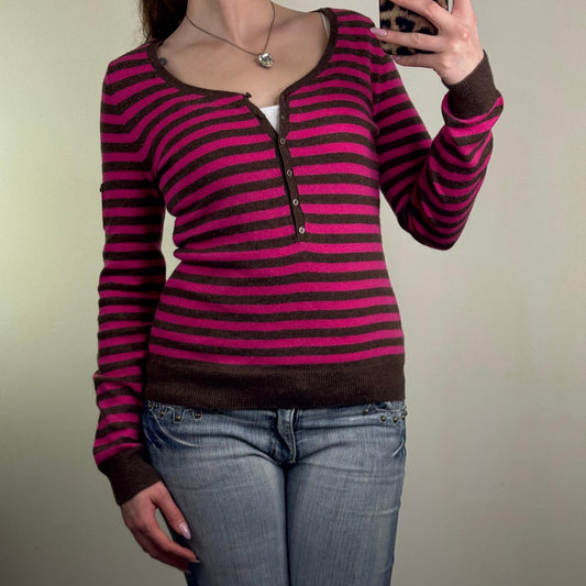 Y2K vintage Gap jumper stripe knit lambswool blend pink brown henley button up