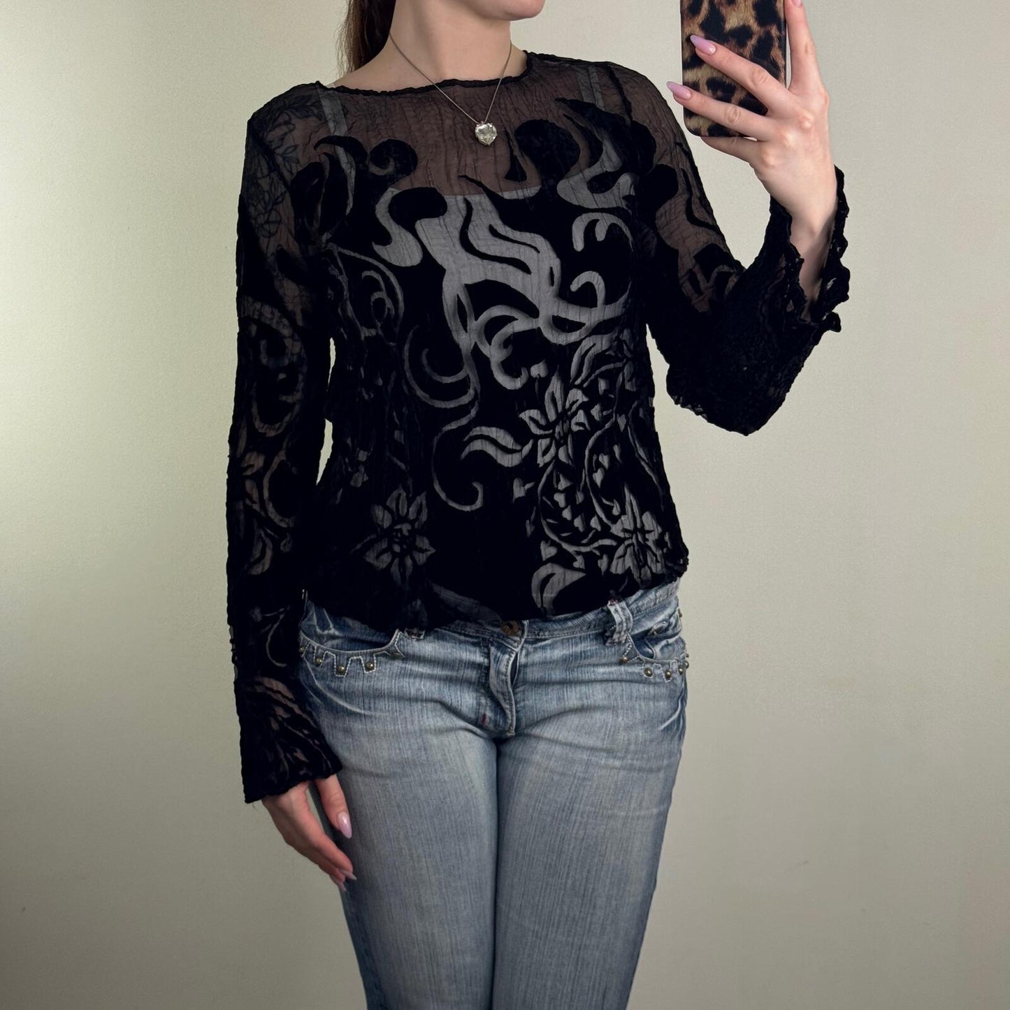 Y2K vintage long flare sleeve top sheer floral pattern black velvet crinkle