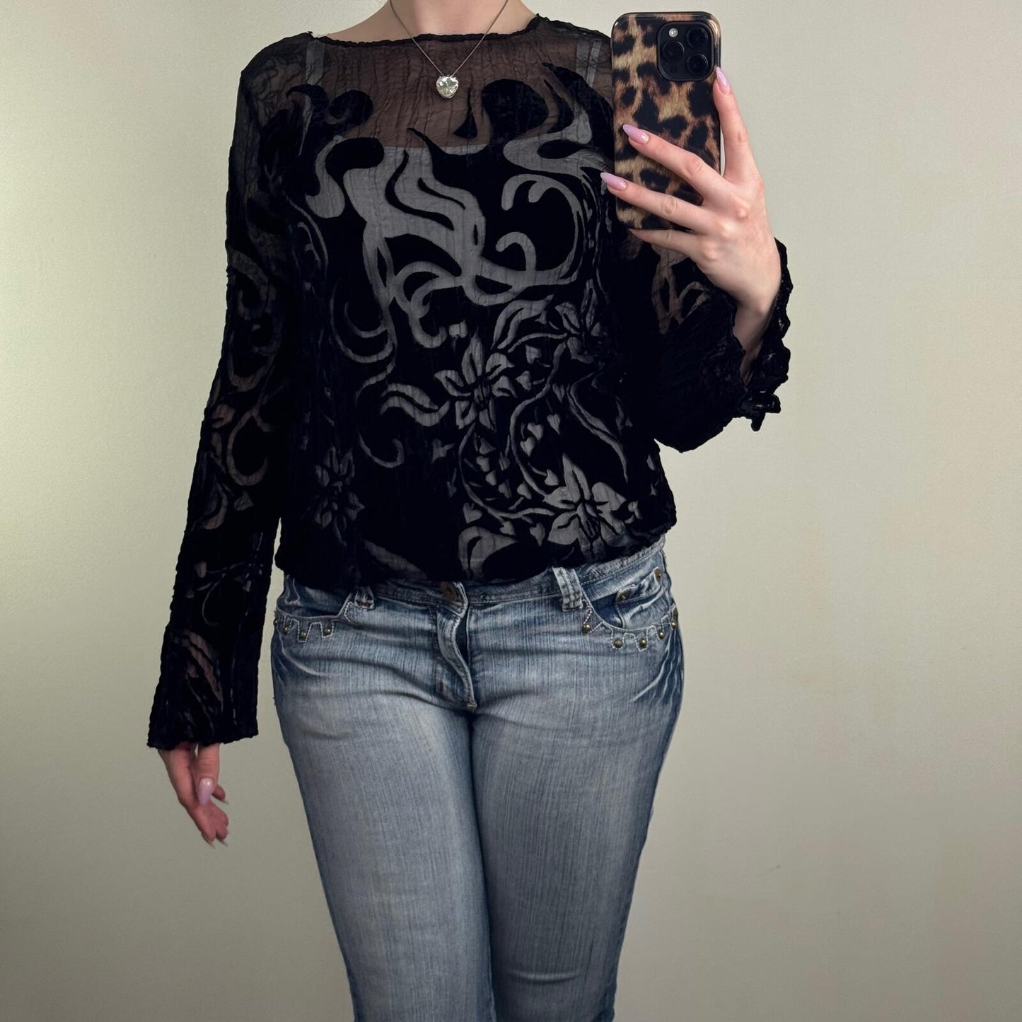 Y2K vintage long flare sleeve top sheer floral pattern black velvet crinkle