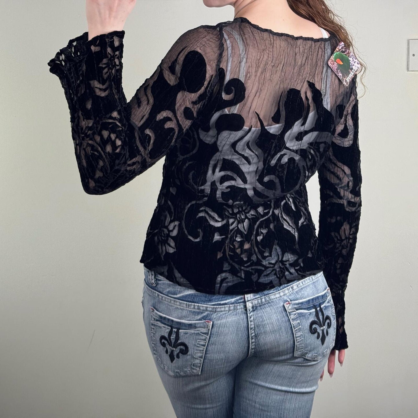 Y2K vintage long flare sleeve top sheer floral pattern black velvet crinkle