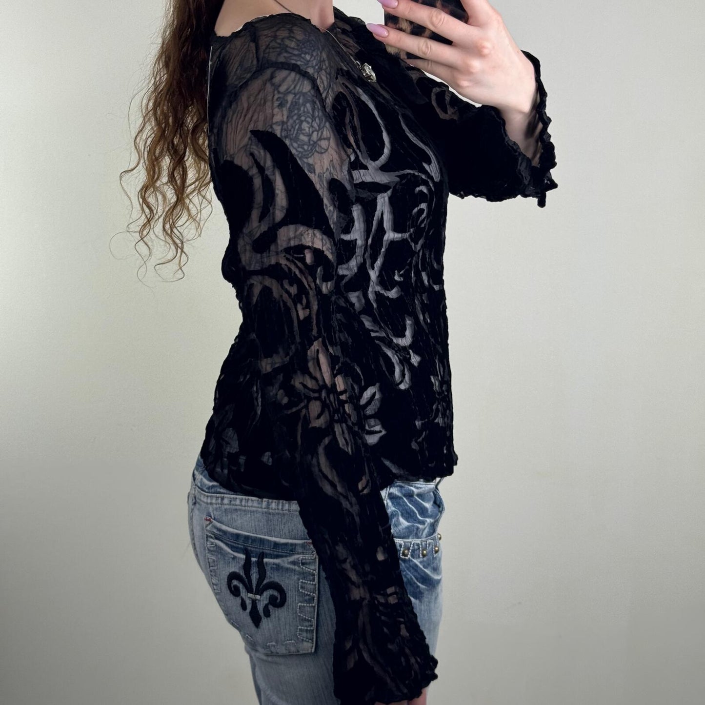 Y2K vintage long flare sleeve top sheer floral pattern black velvet crinkle