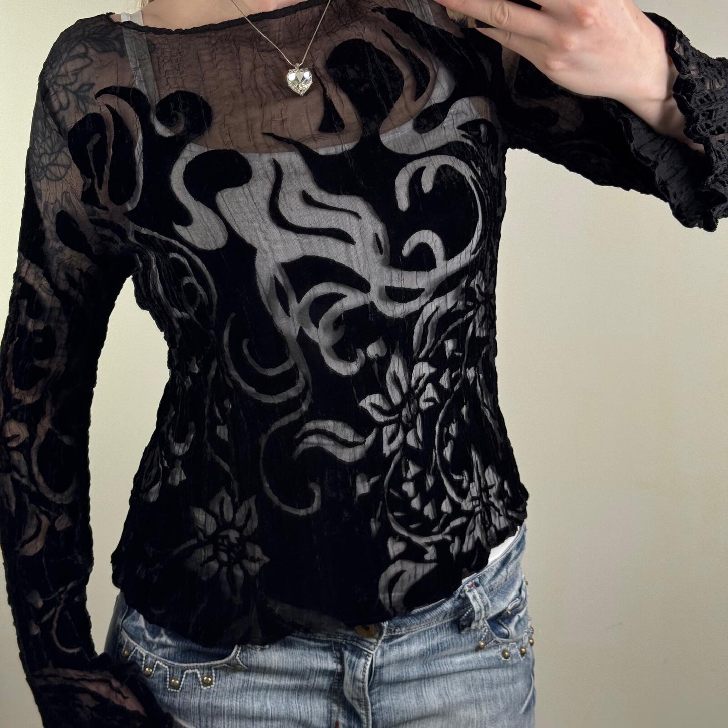 Y2K vintage long flare sleeve top sheer floral pattern black velvet crinkle