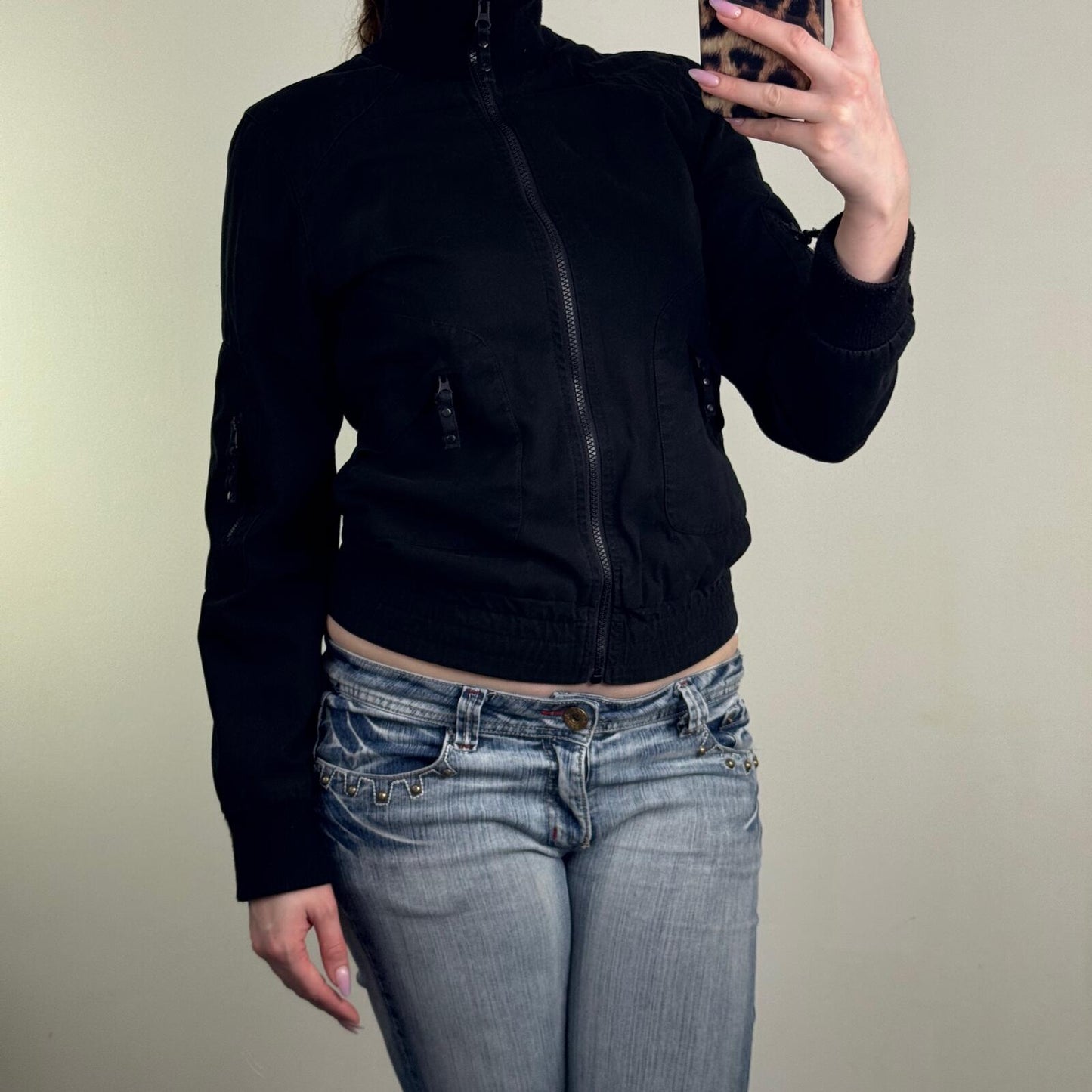 Y2K vintage bomber jacket zip up high neck slight crop short elastic waistband