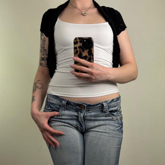 Y2K vintage cardigan bolero cropped open front cap sleeve fine knit shawl black