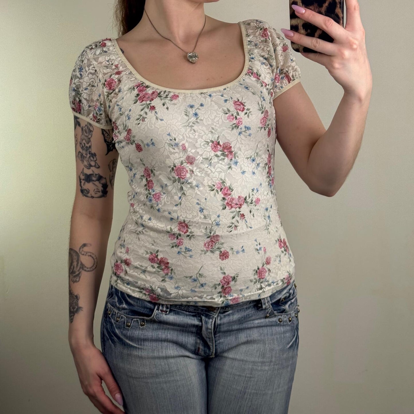 Y2K vintage Per Una t-shirt short sleeve top lace floral pattern sheer scoop