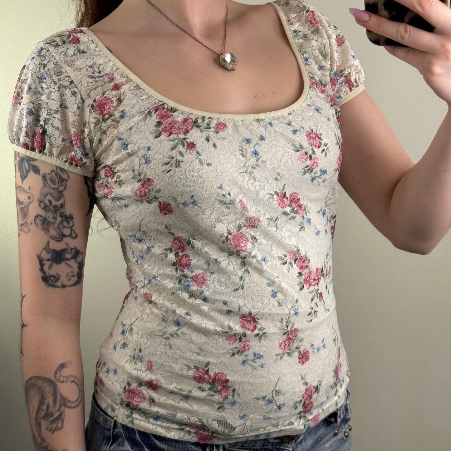 Y2K vintage Per Una t-shirt short sleeve top lace floral pattern sheer scoop
