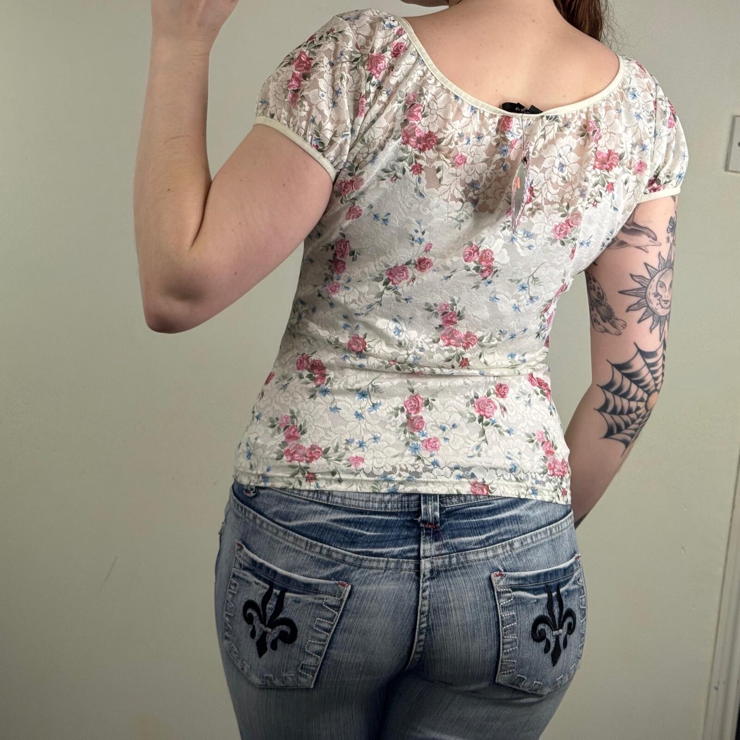 Y2K vintage Per Una t-shirt short sleeve top lace floral pattern sheer scoop