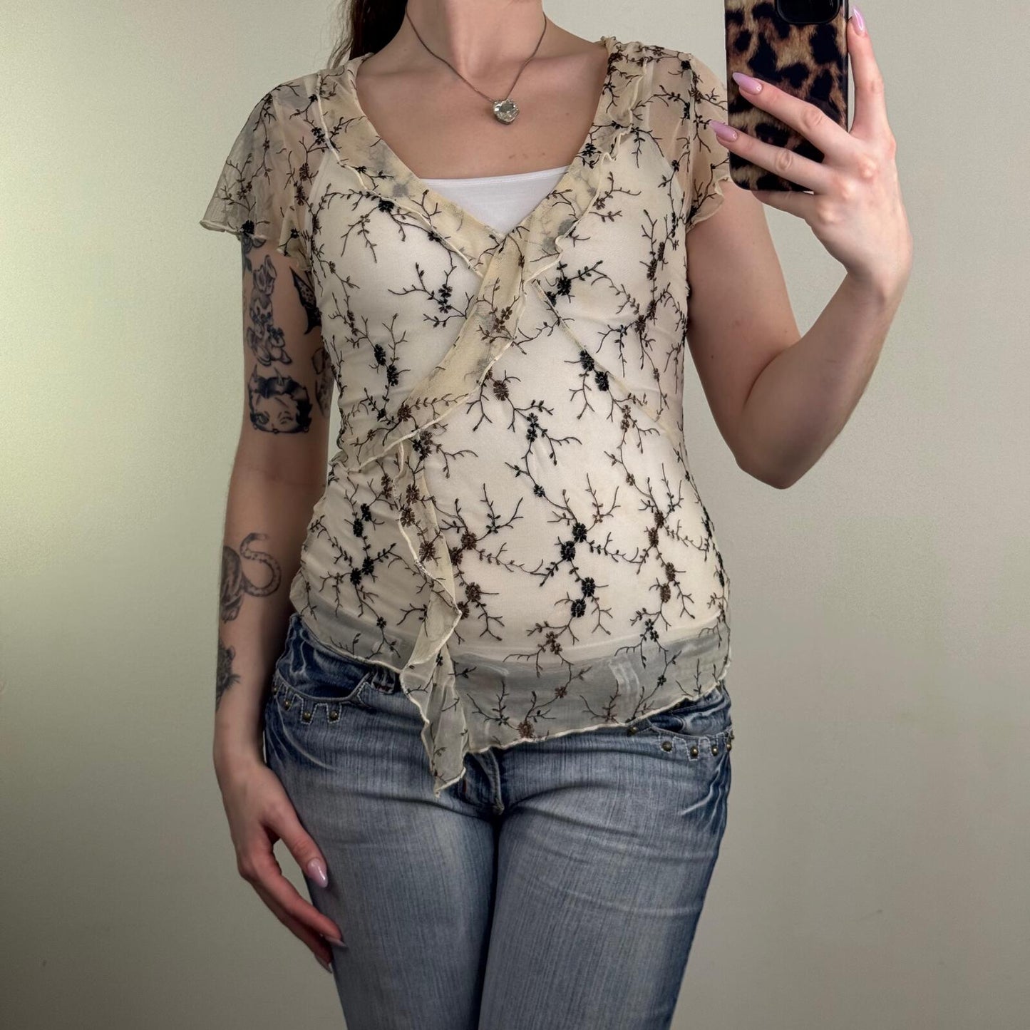 Y2K vintage t-shirt short sleeve top mesh floral embroidery ruffle v neck sheer