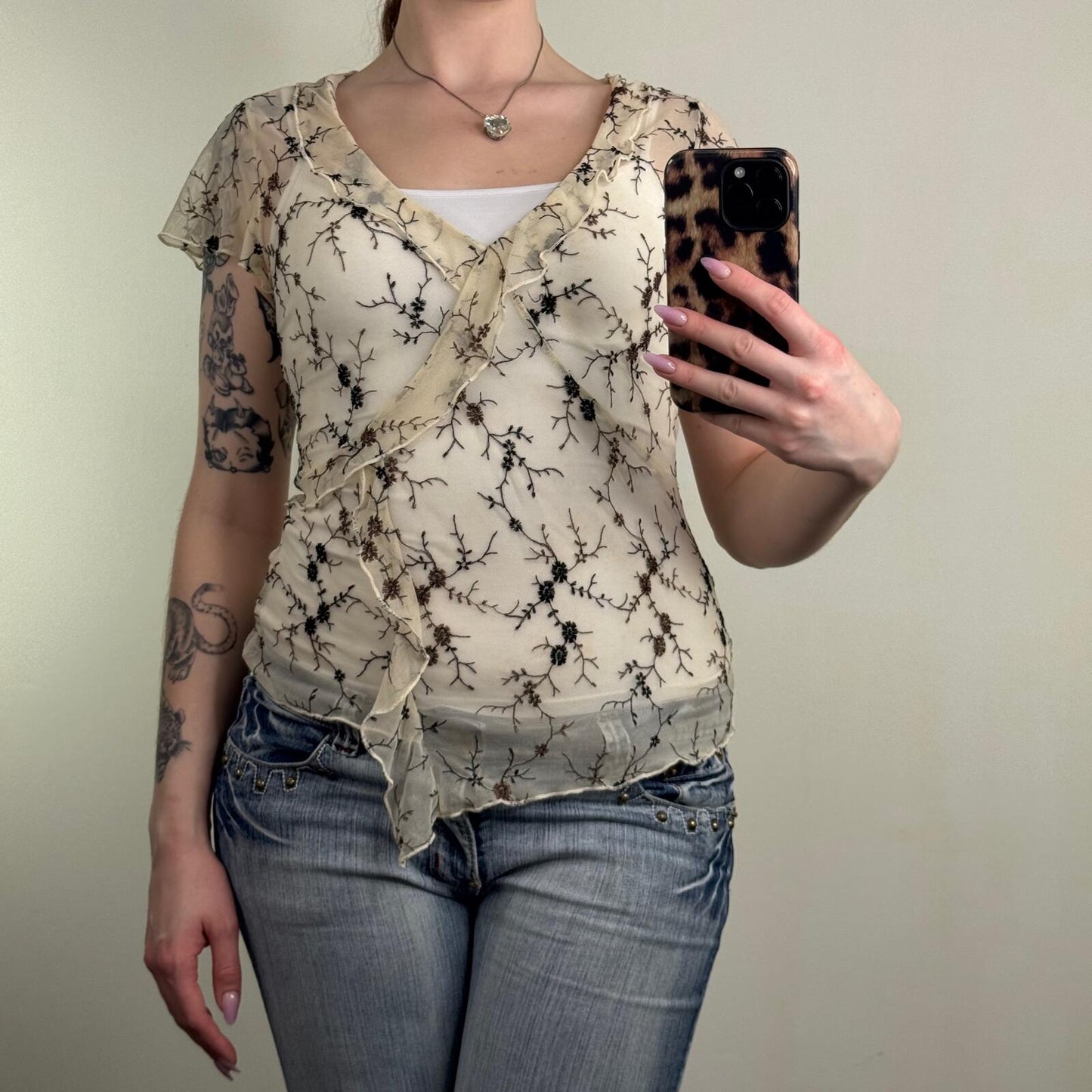 Y2K vintage t-shirt short sleeve top mesh floral embroidery ruffle v neck sheer