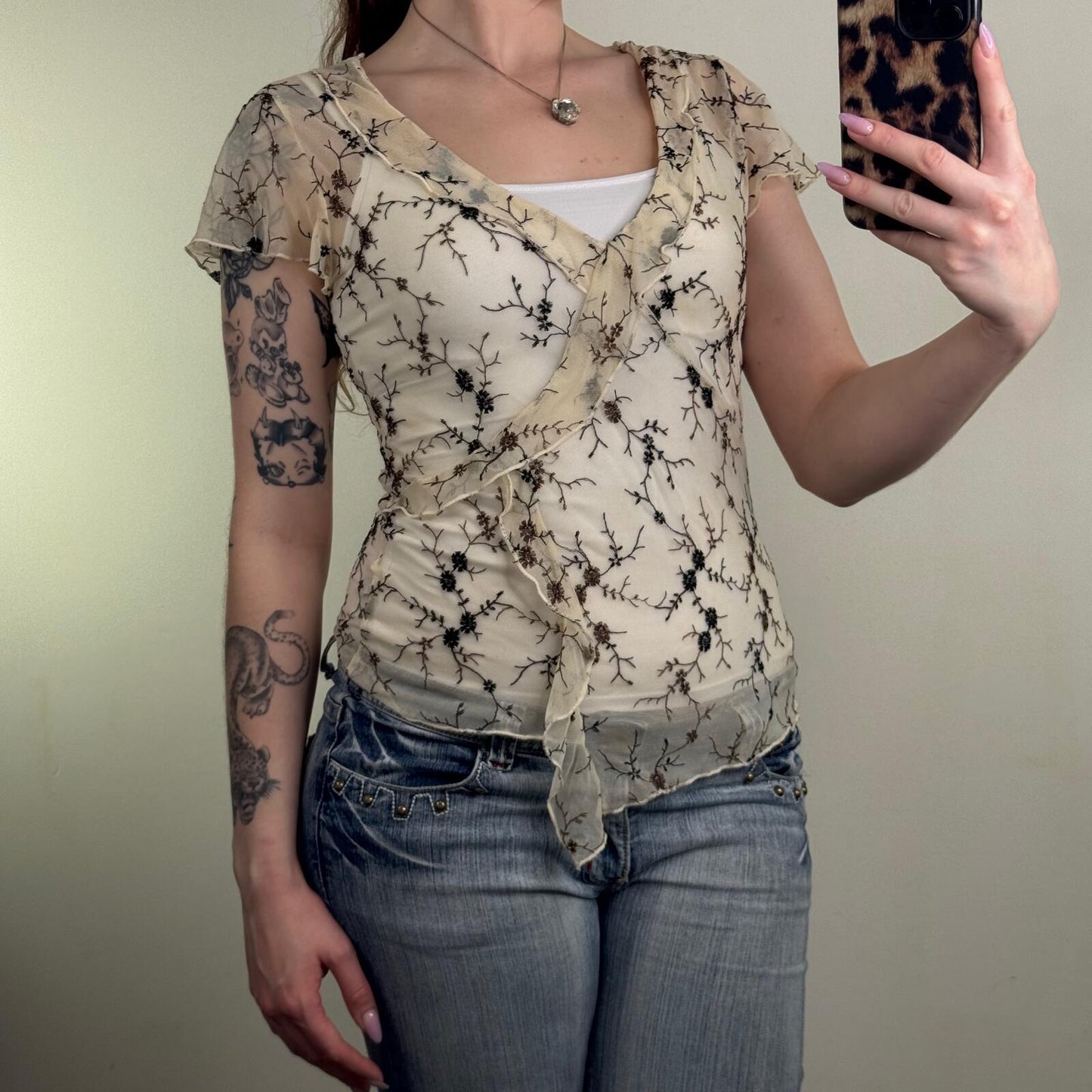 Y2K vintage t-shirt short sleeve top mesh floral embroidery ruffle v neck sheer