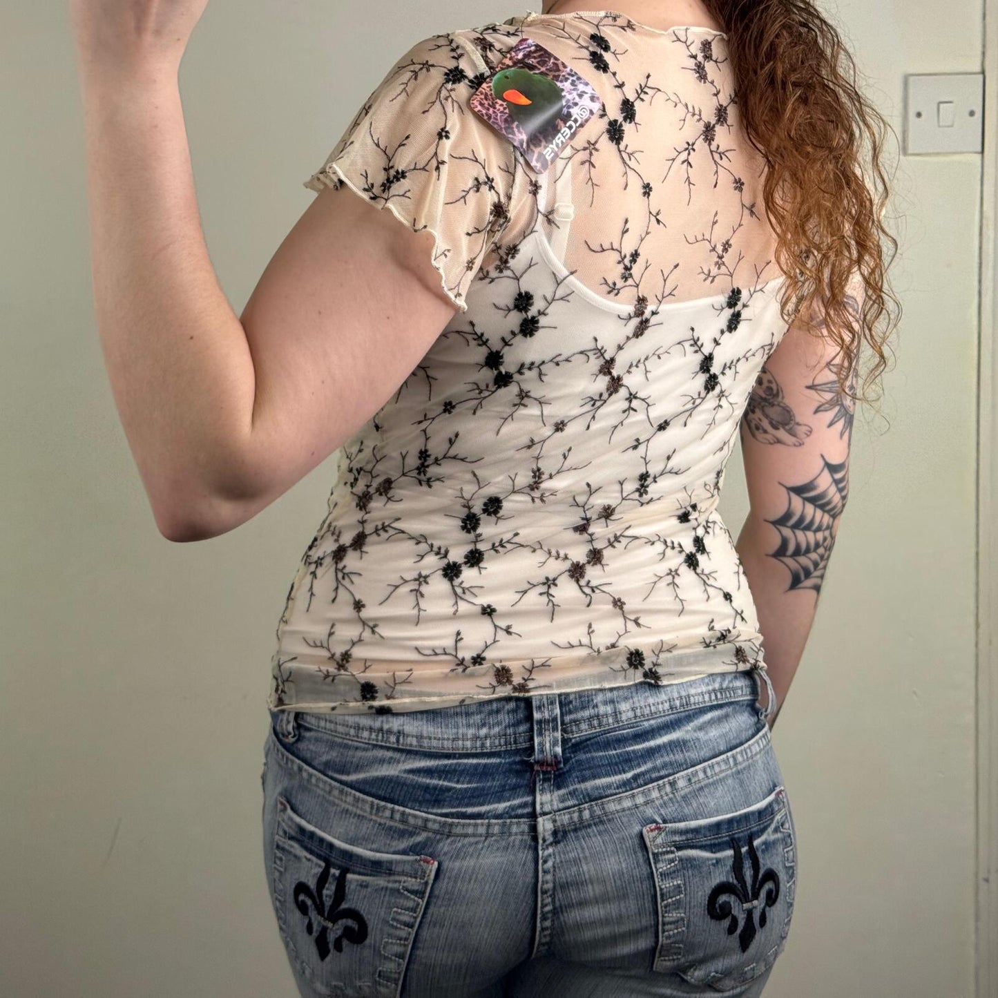 Y2K vintage t-shirt short sleeve top mesh floral embroidery ruffle v neck sheer