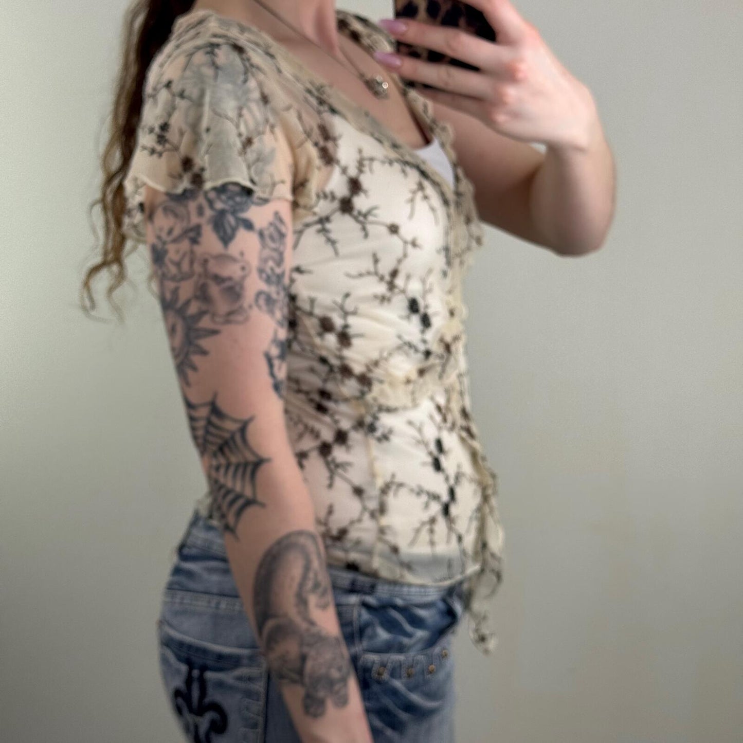 Y2K vintage t-shirt short sleeve top mesh floral embroidery ruffle v neck sheer