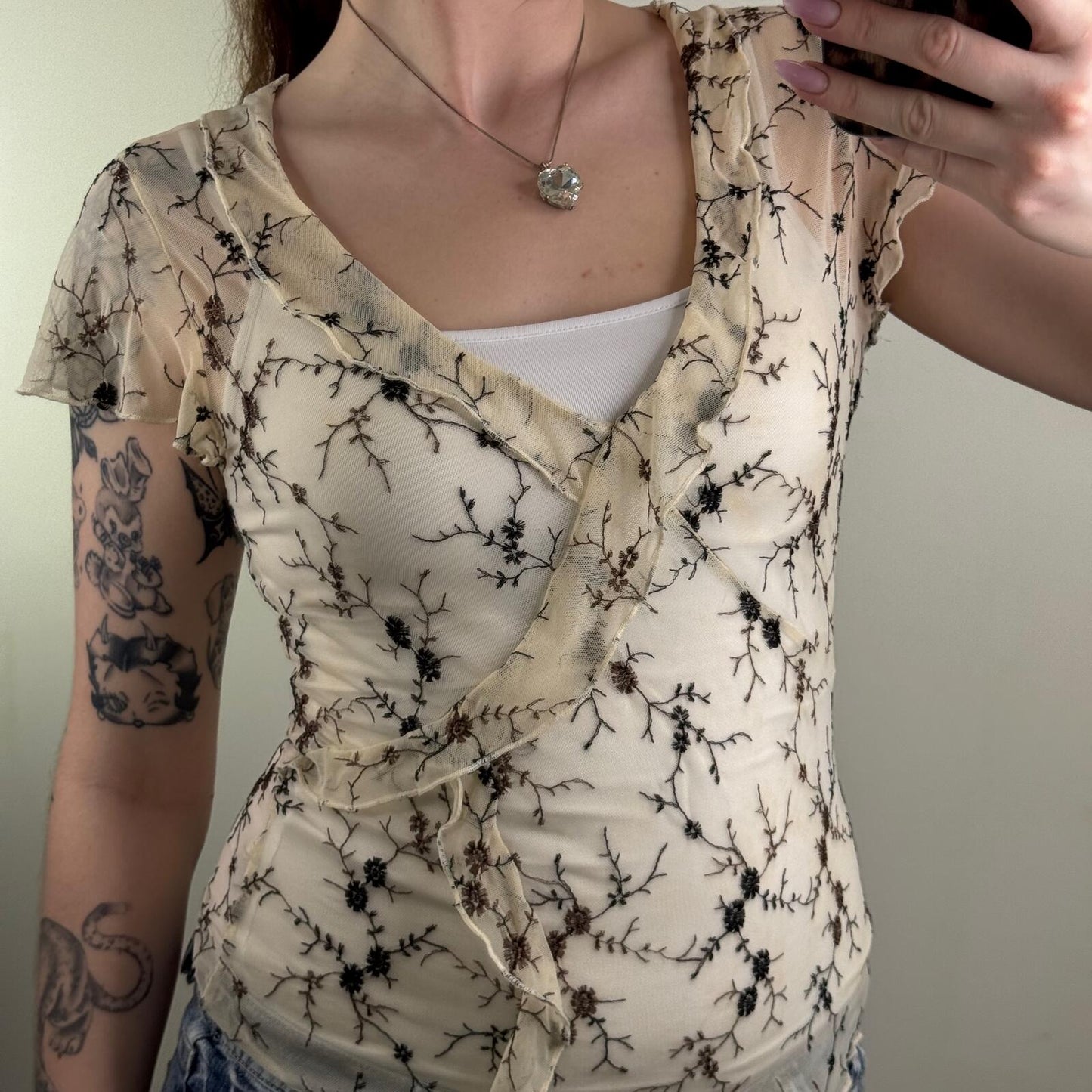 Y2K vintage t-shirt short sleeve top mesh floral embroidery ruffle v neck sheer