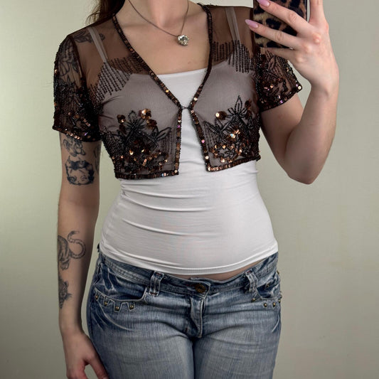 Y2K vintage mesh cardigan cropped sequin embellished sheer short sleeve boho
