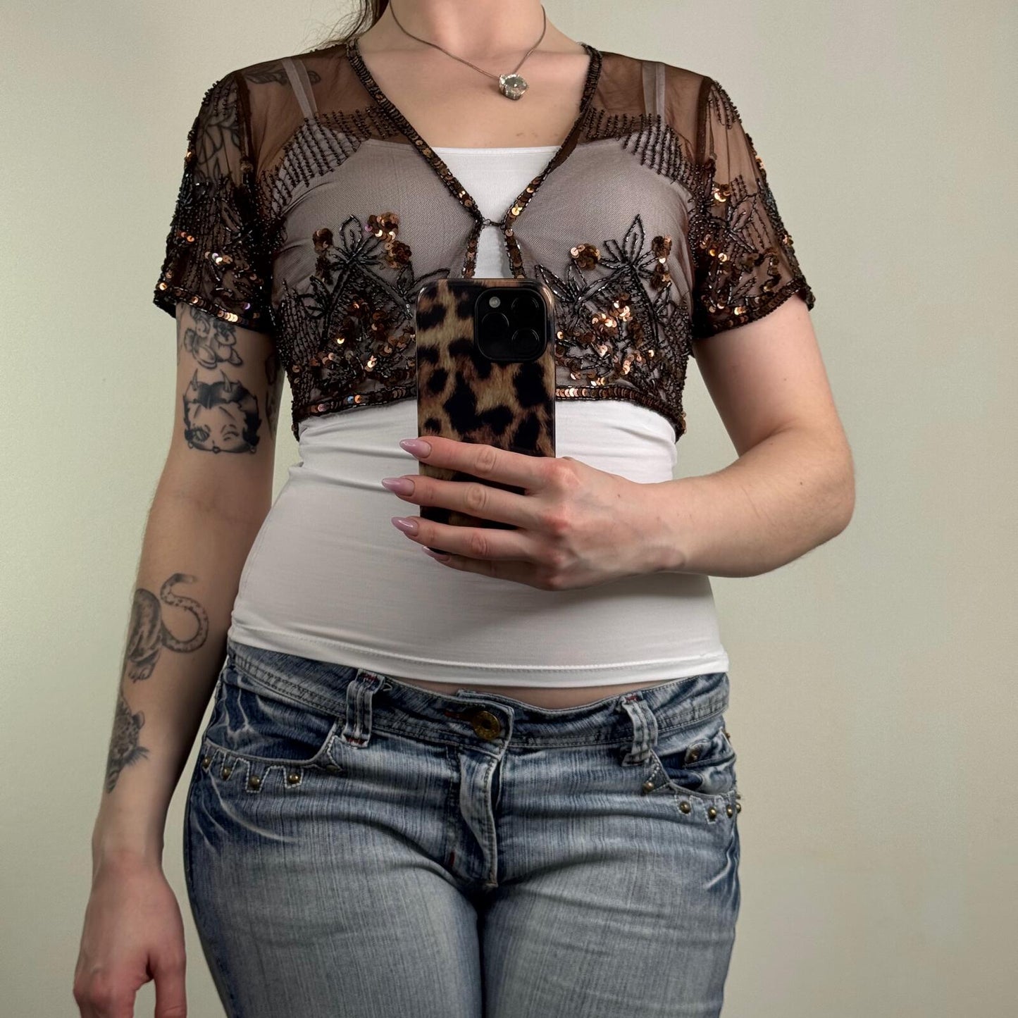 Y2K vintage mesh cardigan cropped sequin embellished sheer short sleeve boho