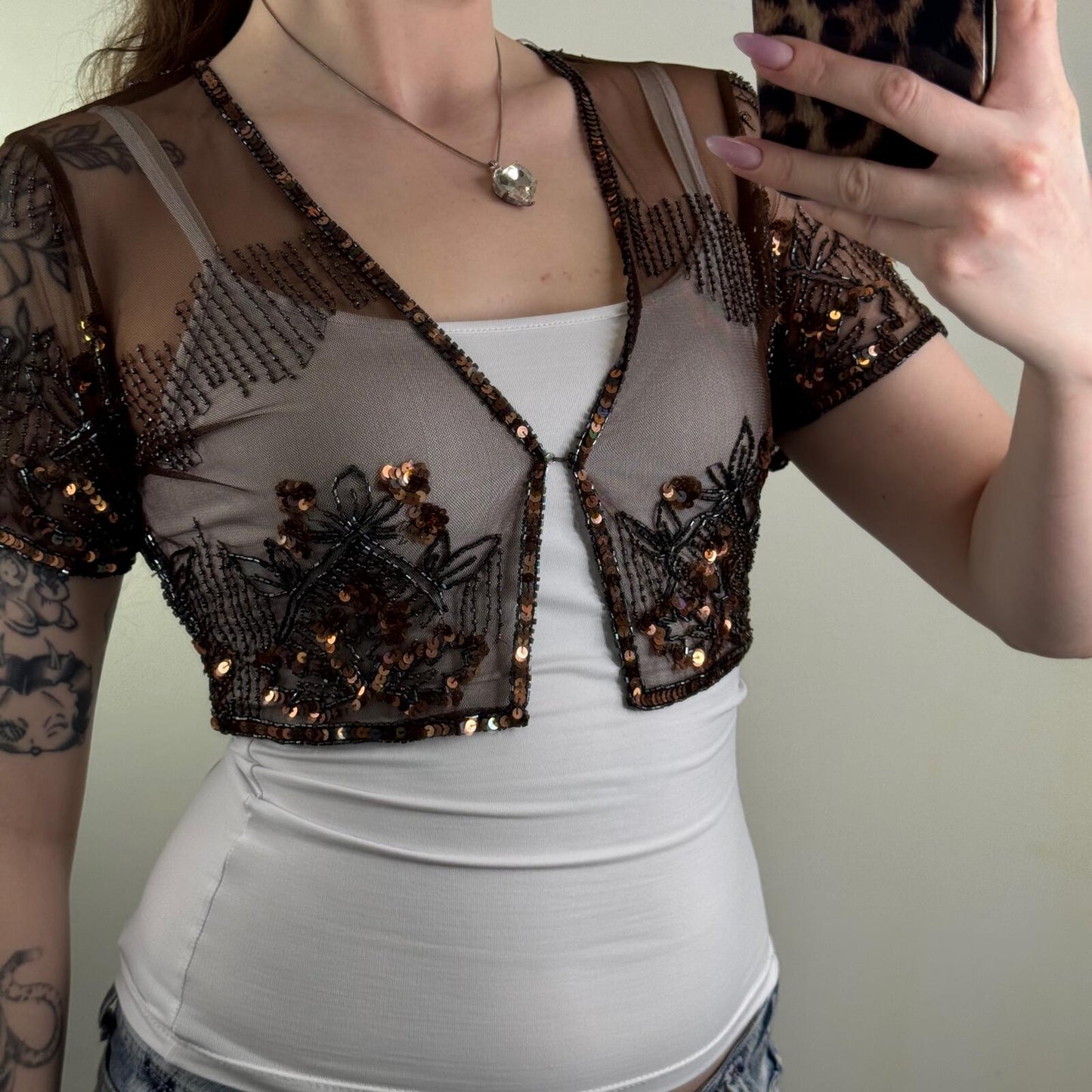 Y2K vintage mesh cardigan cropped sequin embellished sheer short sleeve boho