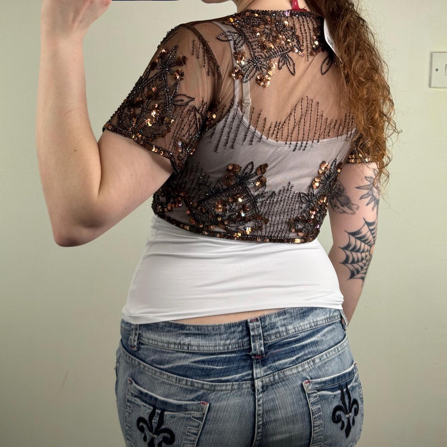Y2K vintage mesh cardigan cropped sequin embellished sheer short sleeve boho