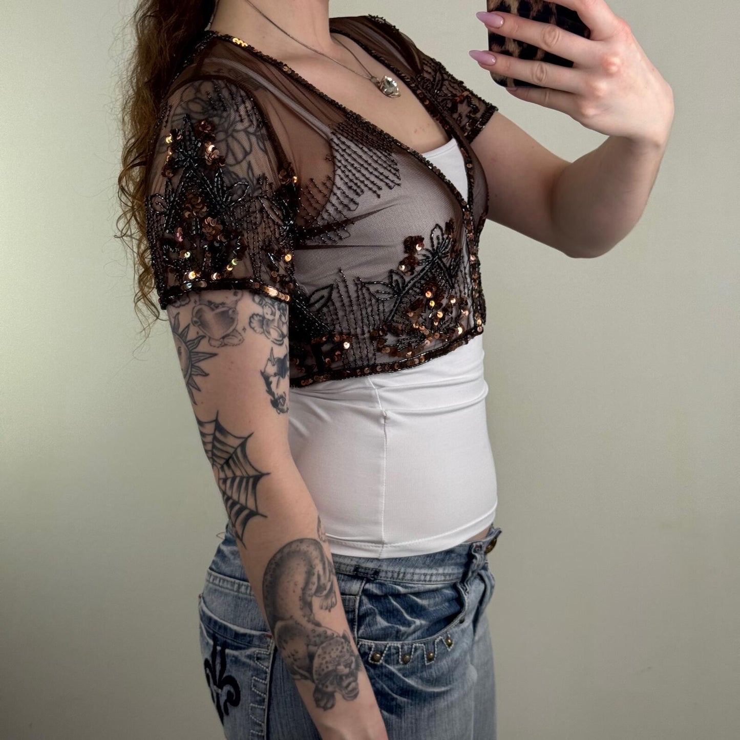 Y2K vintage mesh cardigan cropped sequin embellished sheer short sleeve boho