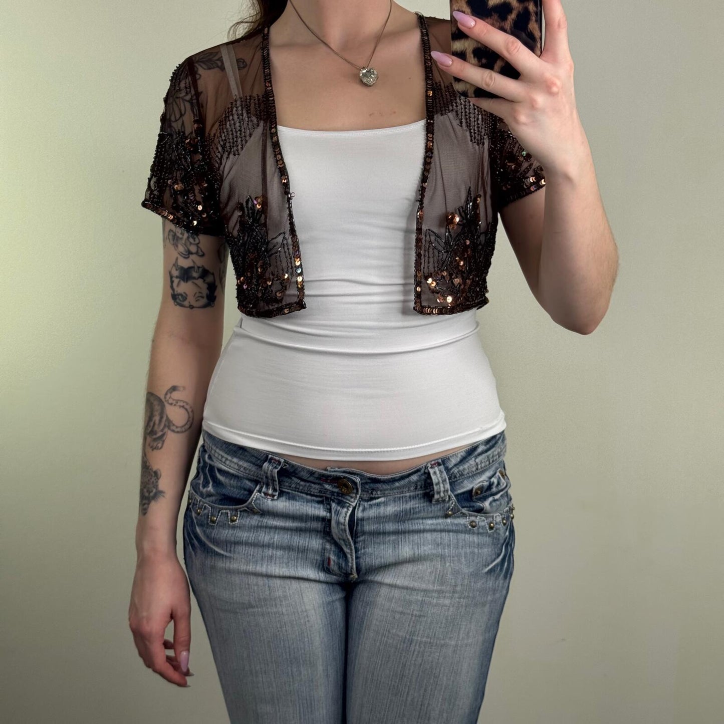 Y2K vintage mesh cardigan cropped sequin embellished sheer short sleeve boho