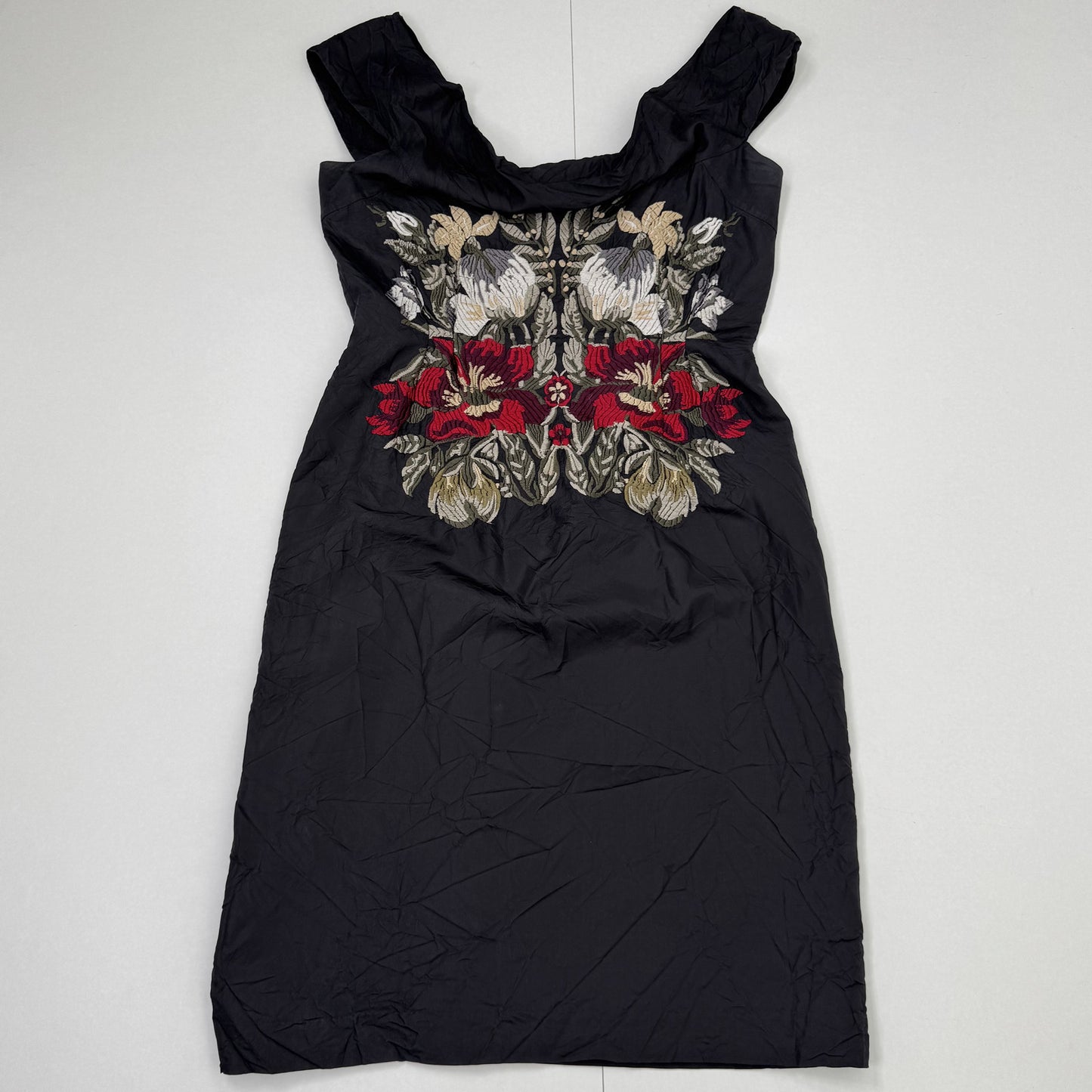 Vintage Nicole Farhi 100% silk midi dress embroidered floral cowl neckline