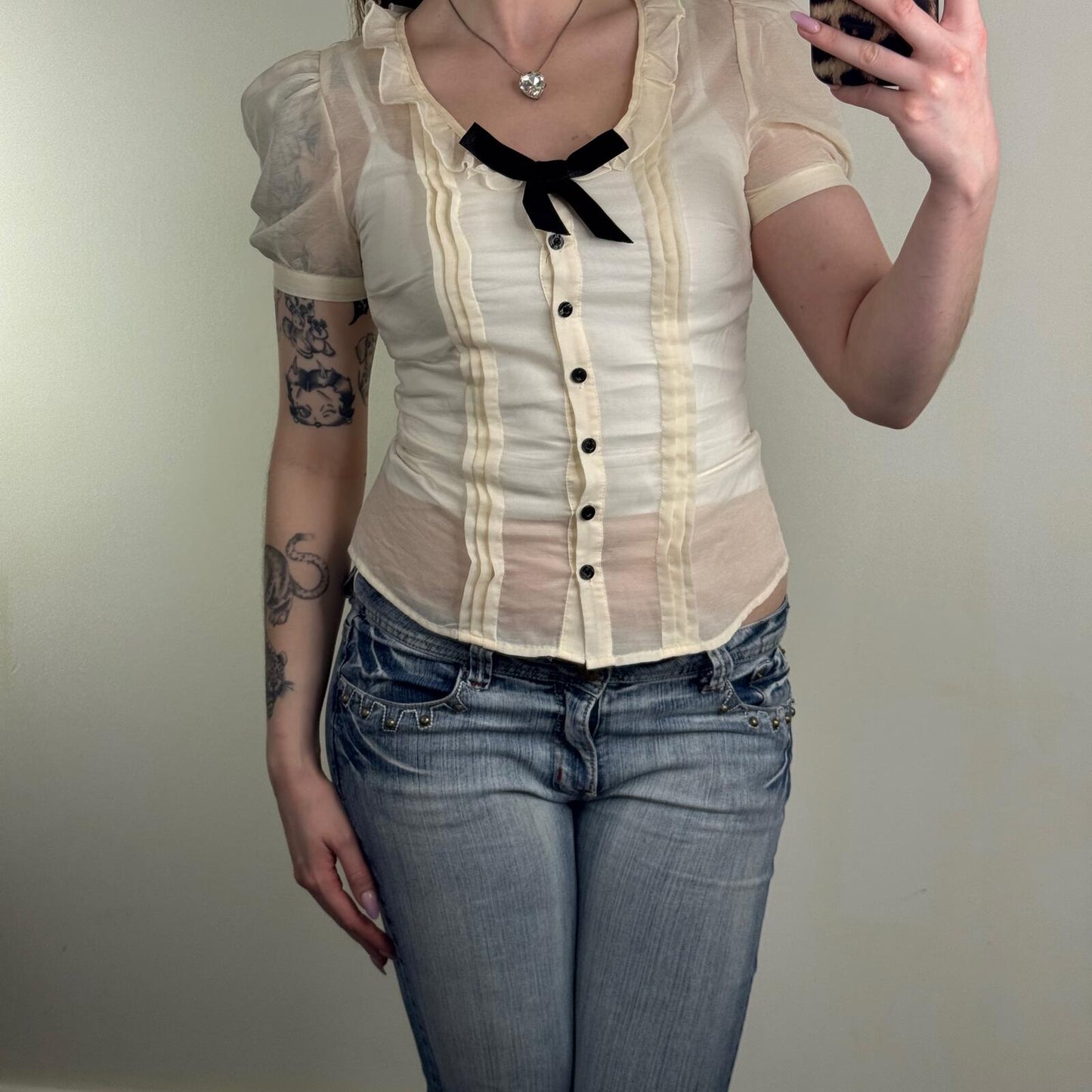Y2K vintage blouse short sleeve bow button up puff sleeve sheer coquette fitted