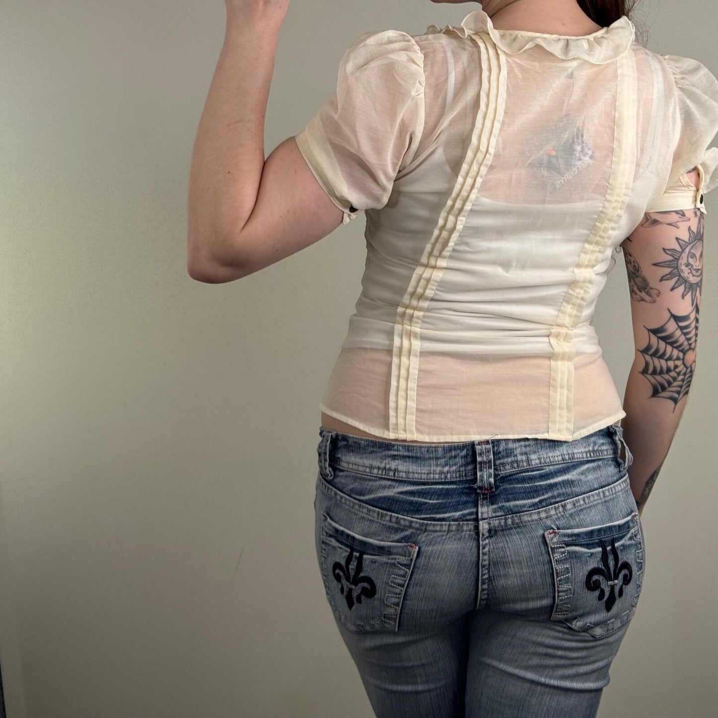 Y2K vintage blouse short sleeve bow button up puff sleeve sheer coquette fitted