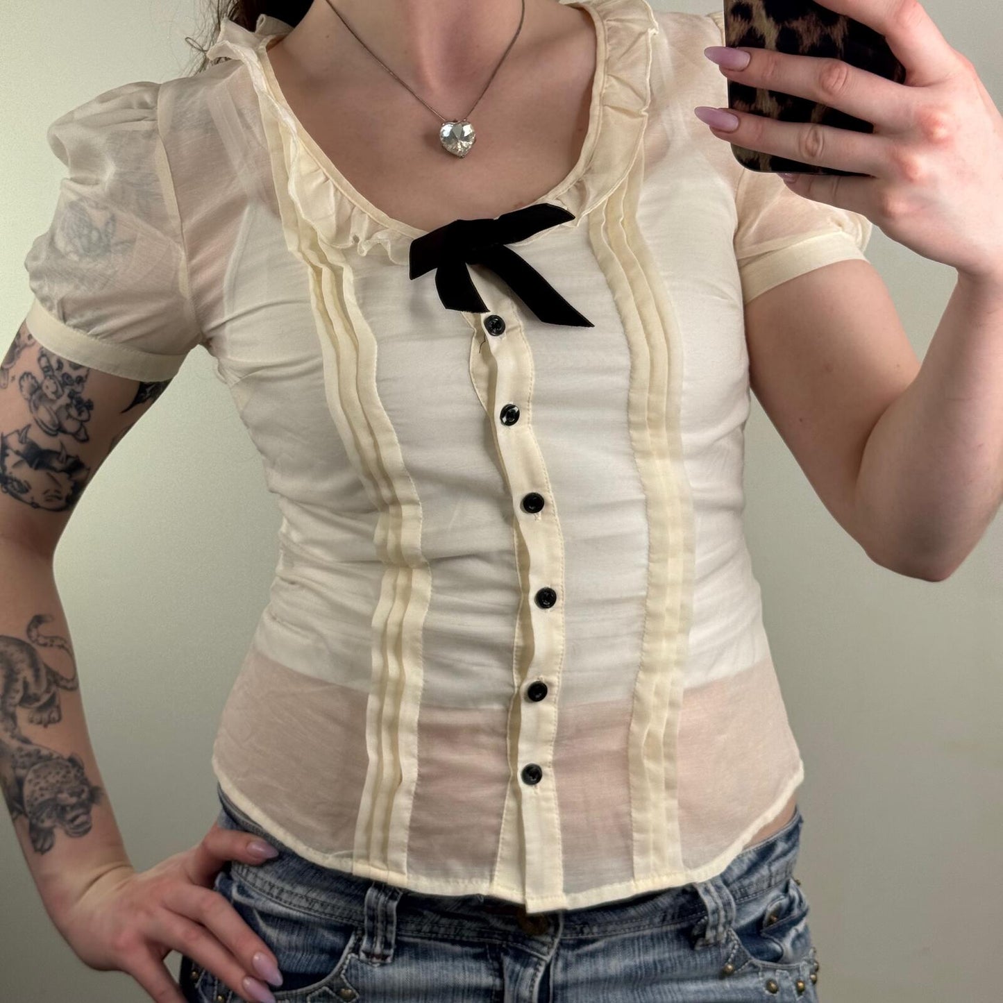 Y2K vintage blouse short sleeve bow button up puff sleeve sheer coquette fitted