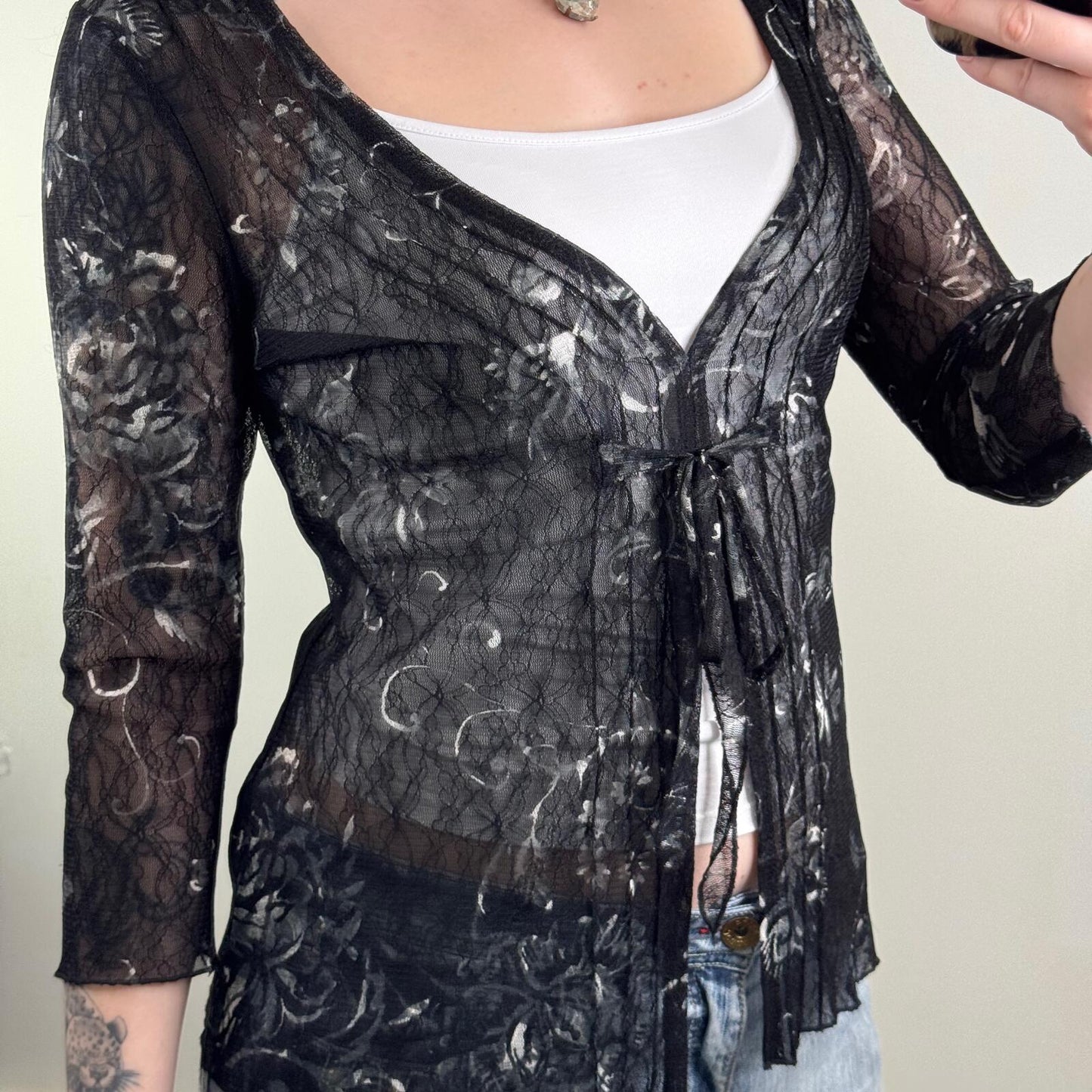 Y2K vintage Per Una lace mesh 3/4 sleeve sheer floral bow v neck stretchy