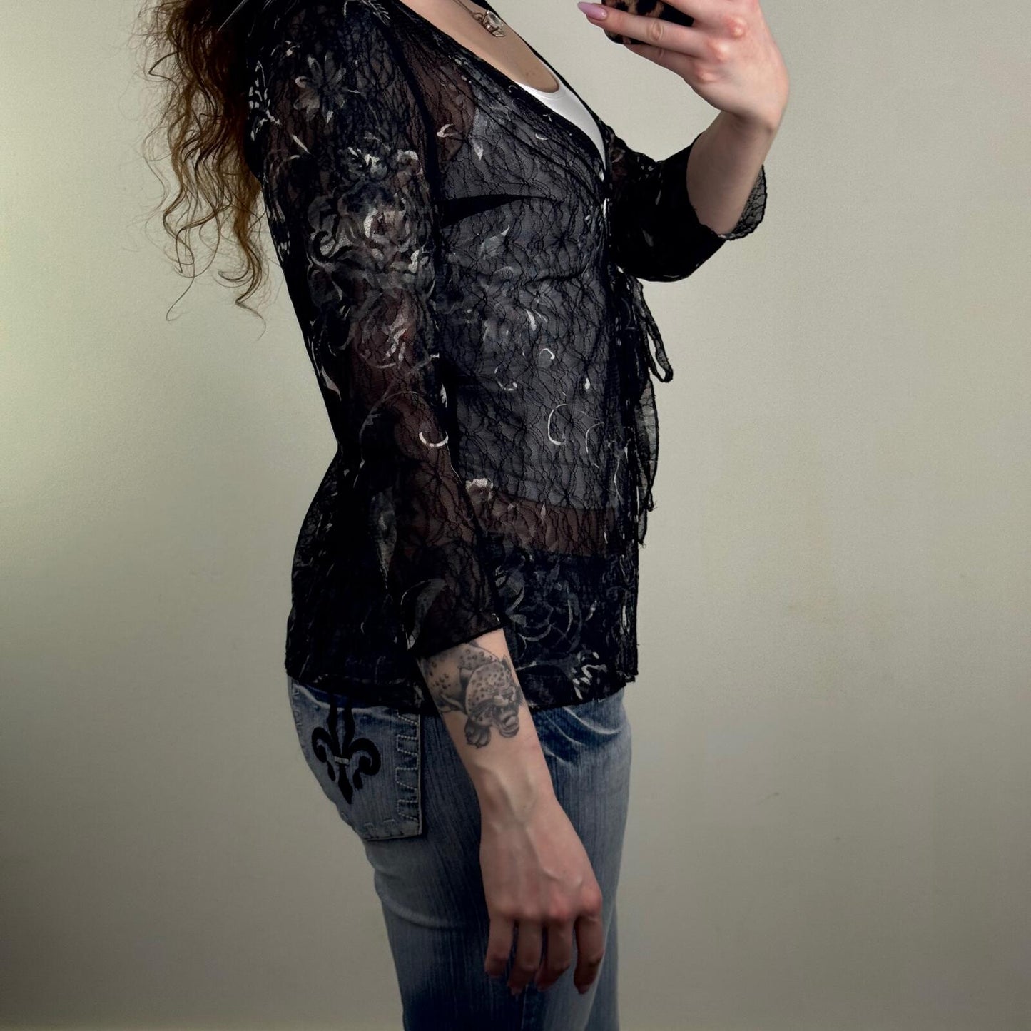 Y2K vintage Per Una lace mesh 3/4 sleeve sheer floral bow v neck stretchy