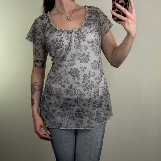 Y2K vintage mesh short sleeve top lace floral sheer ruched longline babydoll