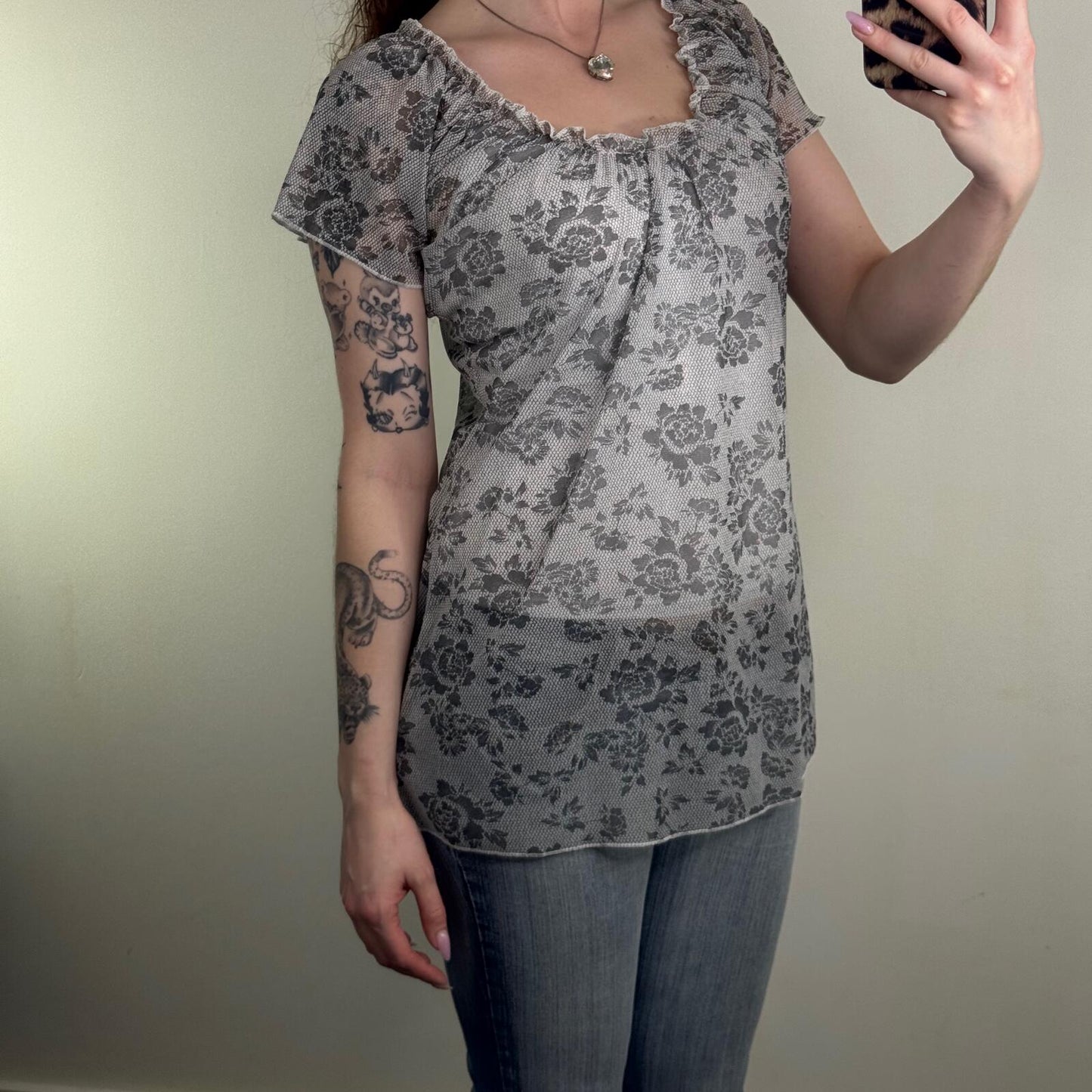 Y2K vintage mesh short sleeve top lace floral sheer ruched longline babydoll