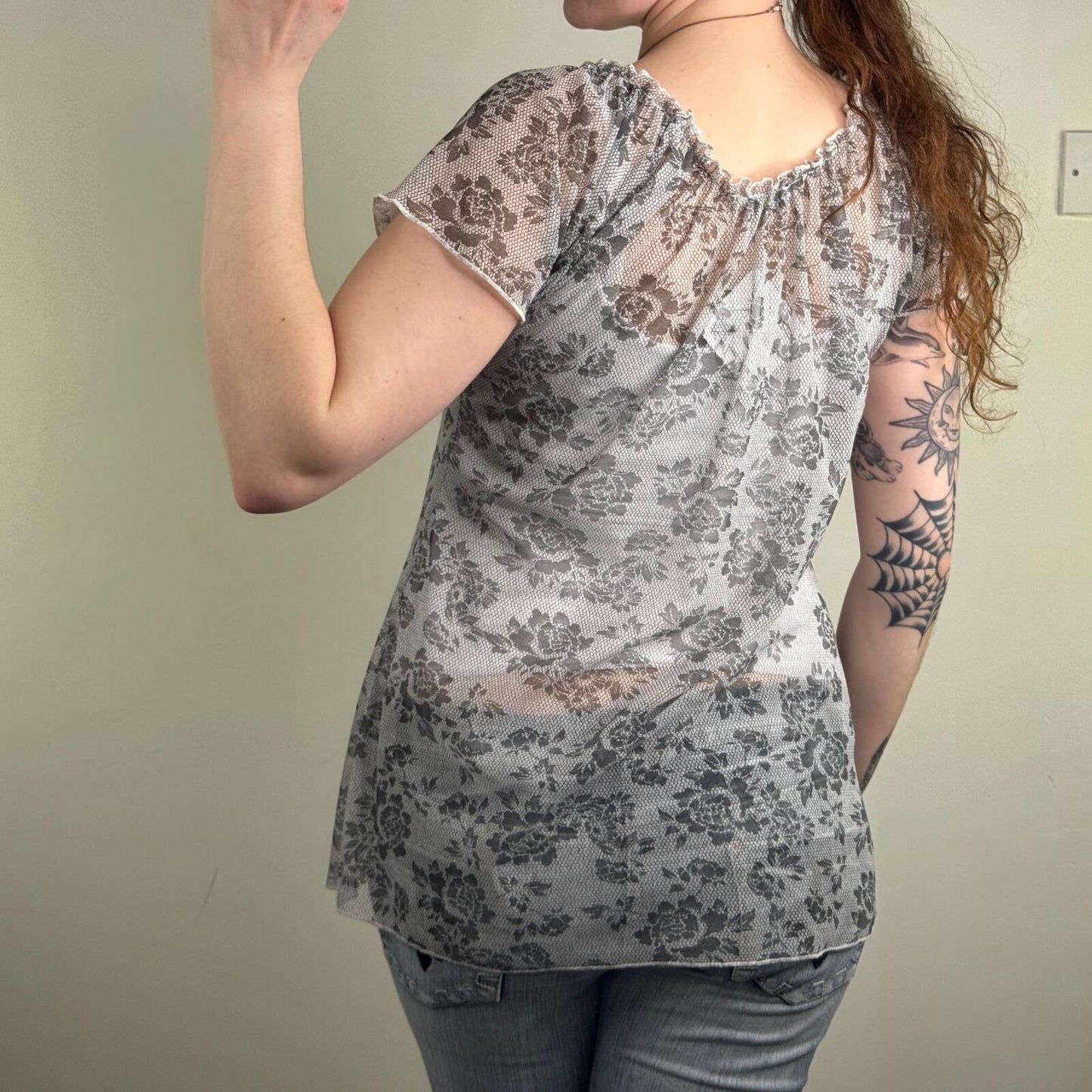 Y2K vintage mesh short sleeve top lace floral sheer ruched longline babydoll