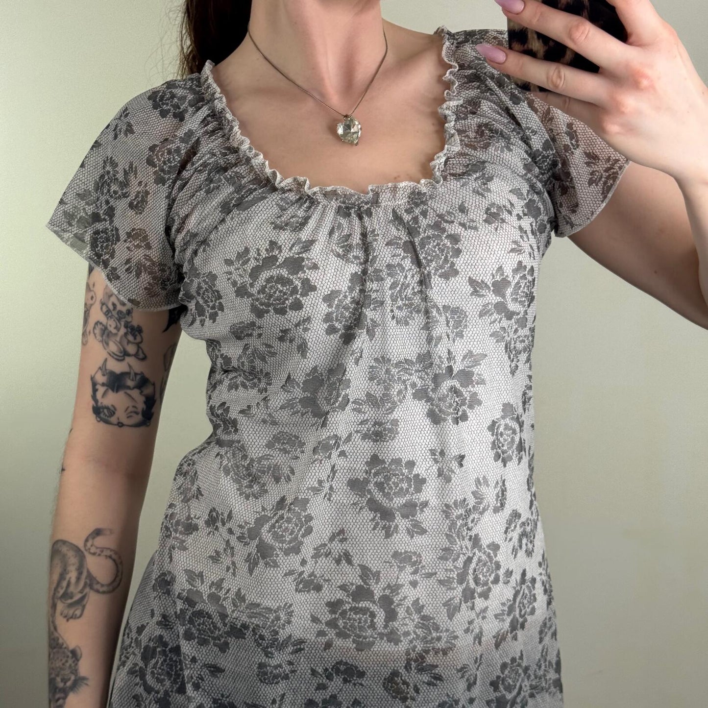 Y2K vintage mesh short sleeve top lace floral sheer ruched longline babydoll