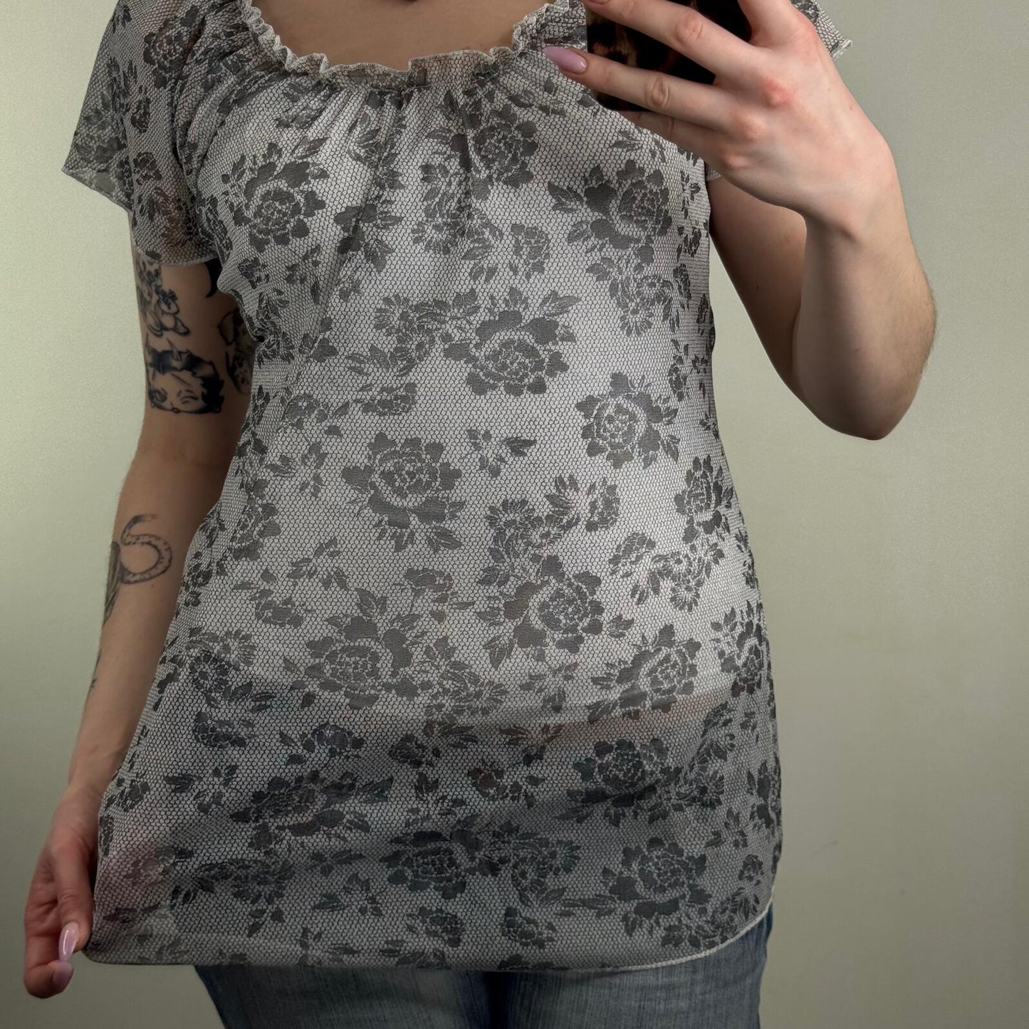 Y2K vintage mesh short sleeve top lace floral sheer ruched longline babydoll