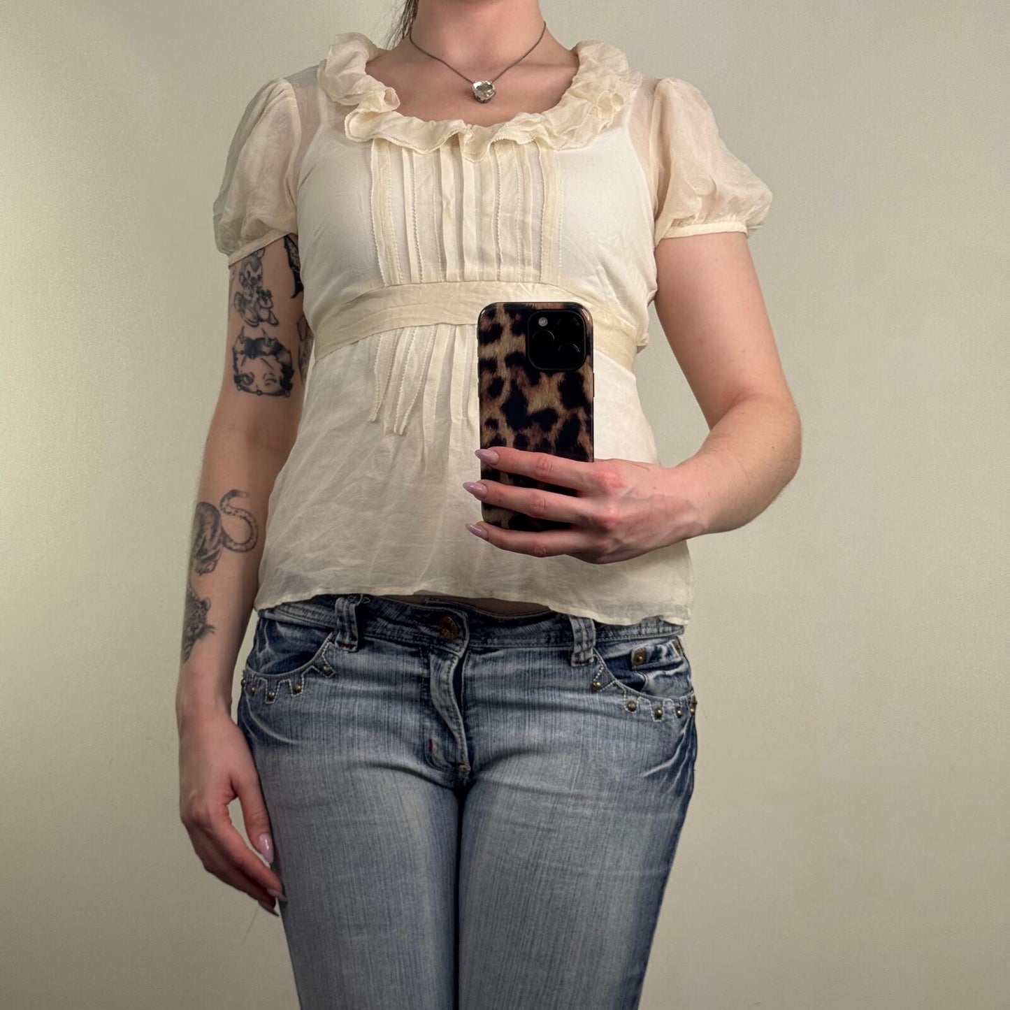 Y2K vintage blouse short sleeve adjust bow bow puff ruffle sheer pleated