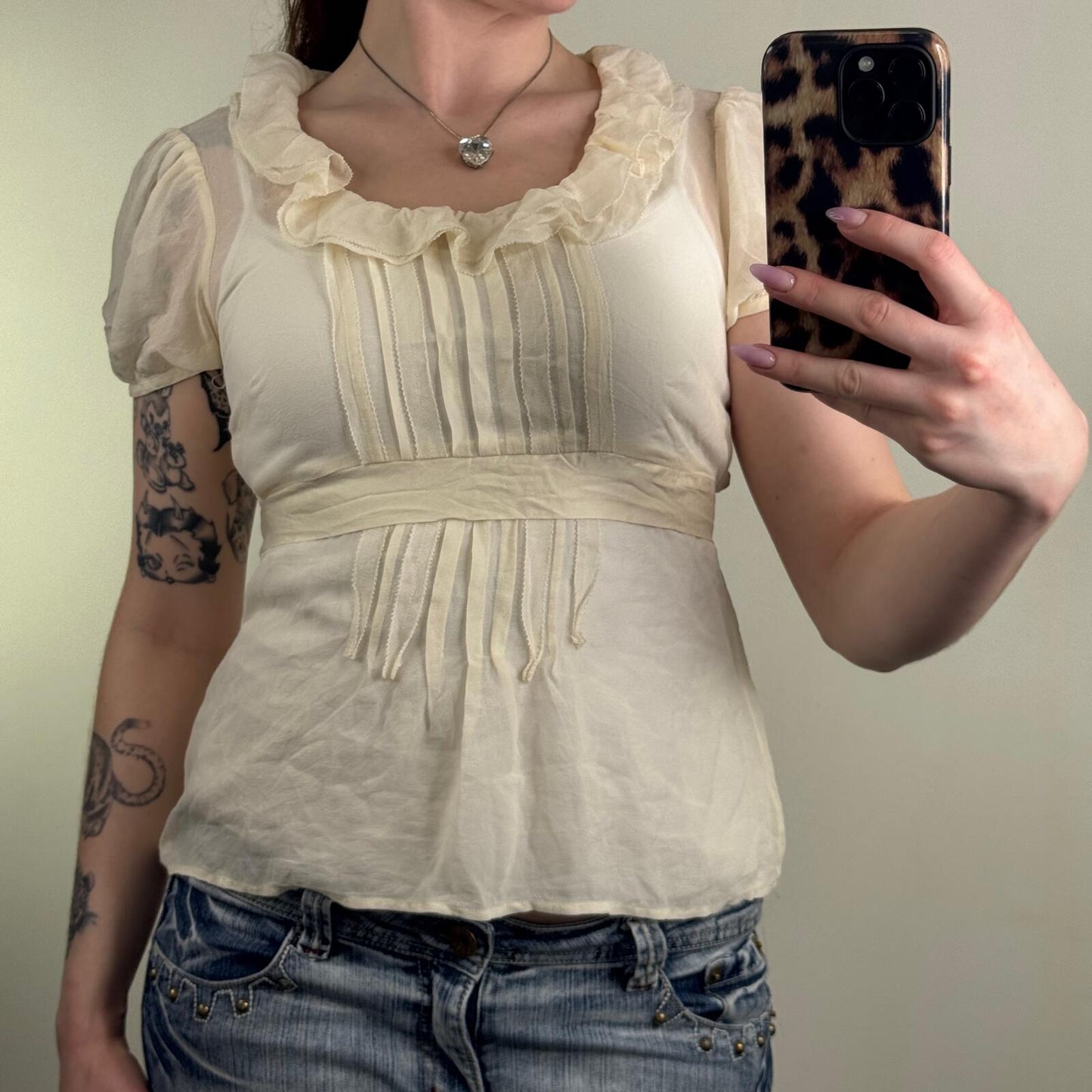 Y2K vintage blouse short sleeve adjust bow bow puff ruffle sheer pleated
