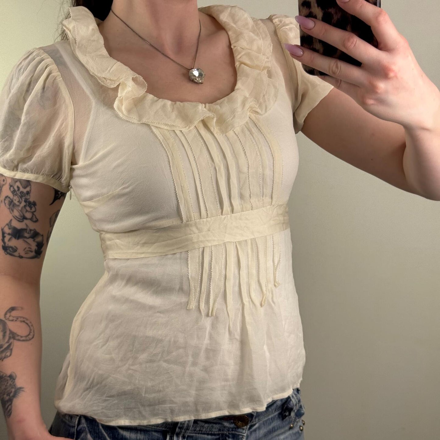 Y2K vintage blouse short sleeve adjust bow bow puff ruffle sheer pleated