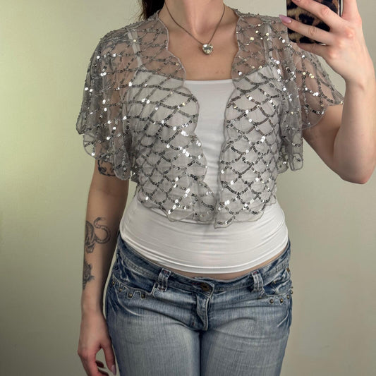 Y2K vintage cardigan sheer open front sequin short sleeve cropped scallop mesh