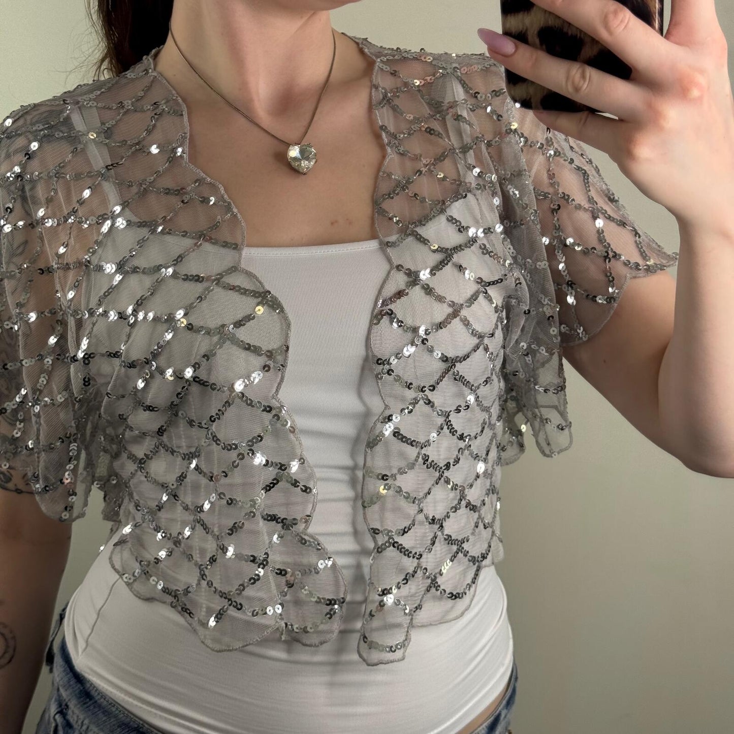 Y2K vintage cardigan sheer open front sequin short sleeve cropped scallop mesh