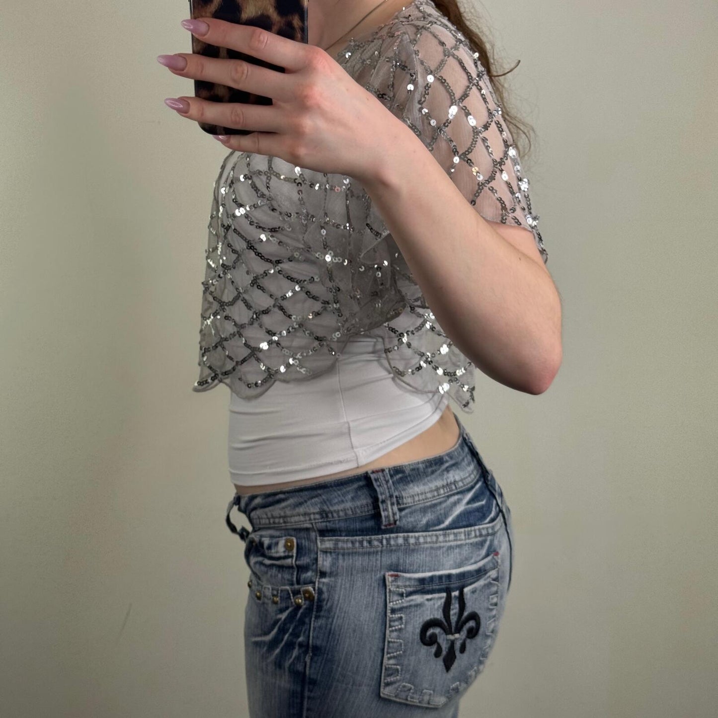 Y2K vintage cardigan sheer open front sequin short sleeve cropped scallop mesh