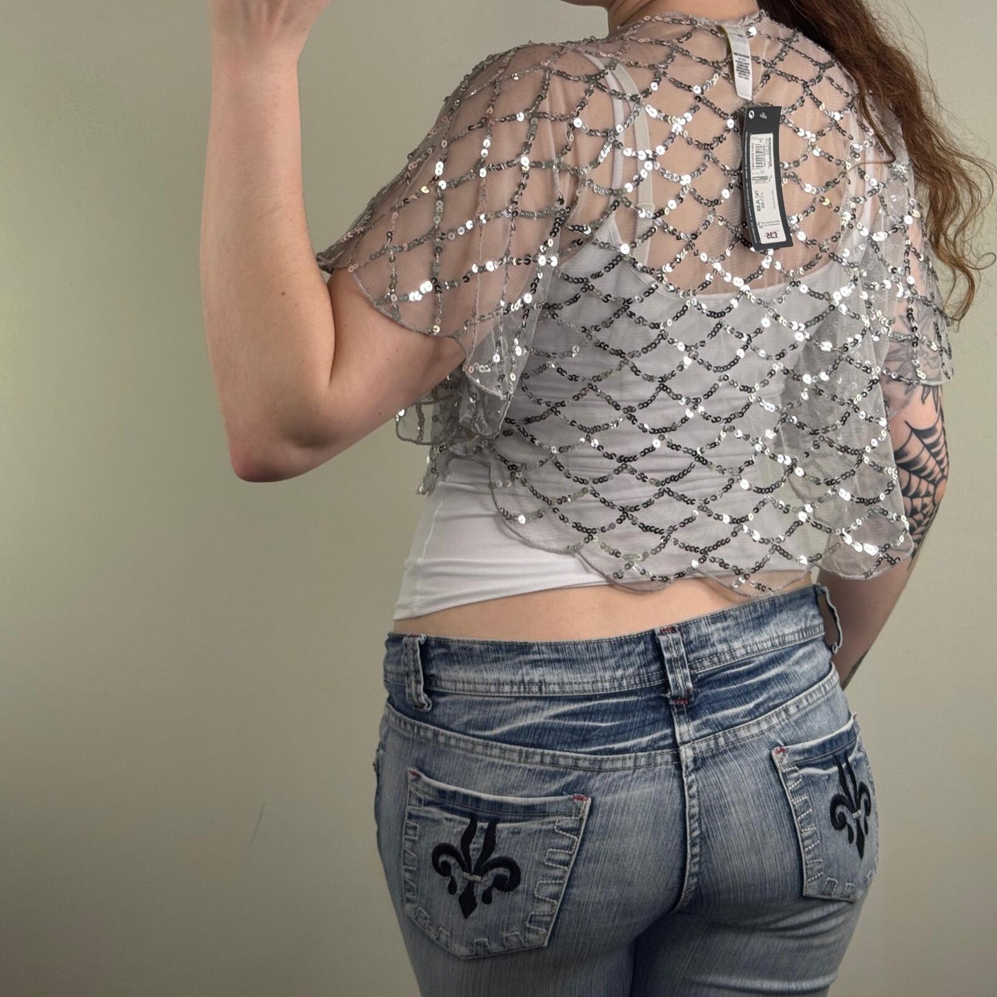 Y2K vintage cardigan sheer open front sequin short sleeve cropped scallop mesh