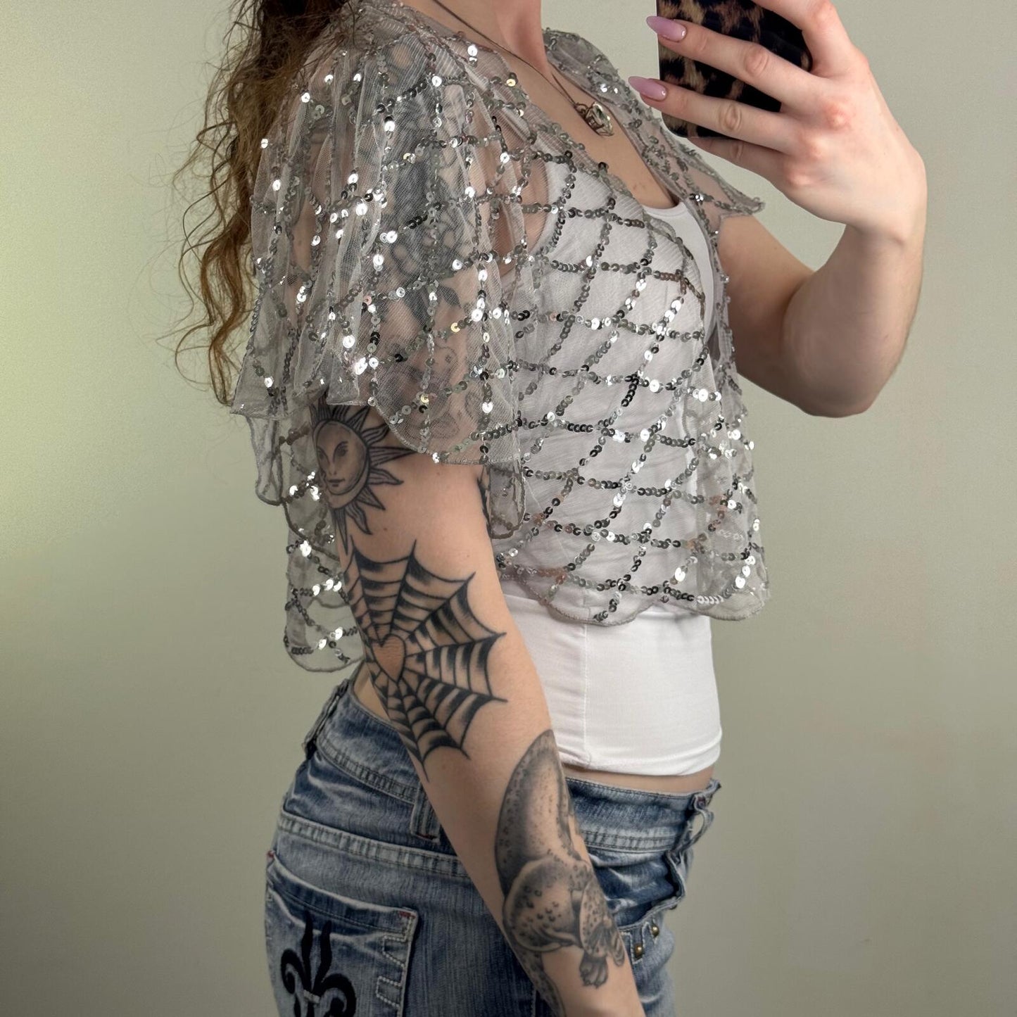Y2K vintage cardigan sheer open front sequin short sleeve cropped scallop mesh