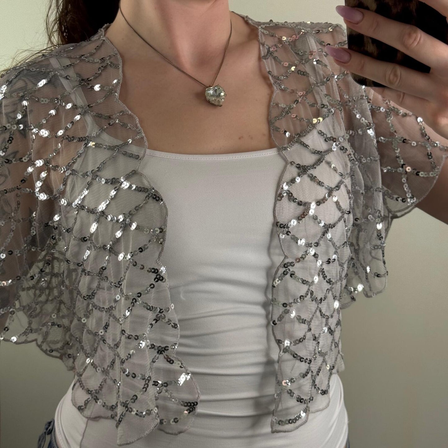 Y2K vintage cardigan sheer open front sequin short sleeve cropped scallop mesh