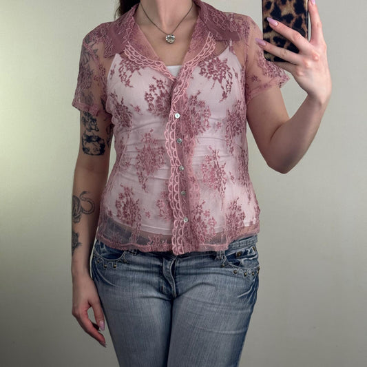 Y2K vintage lace top short sleeve sheer button up lace collared v neck floral