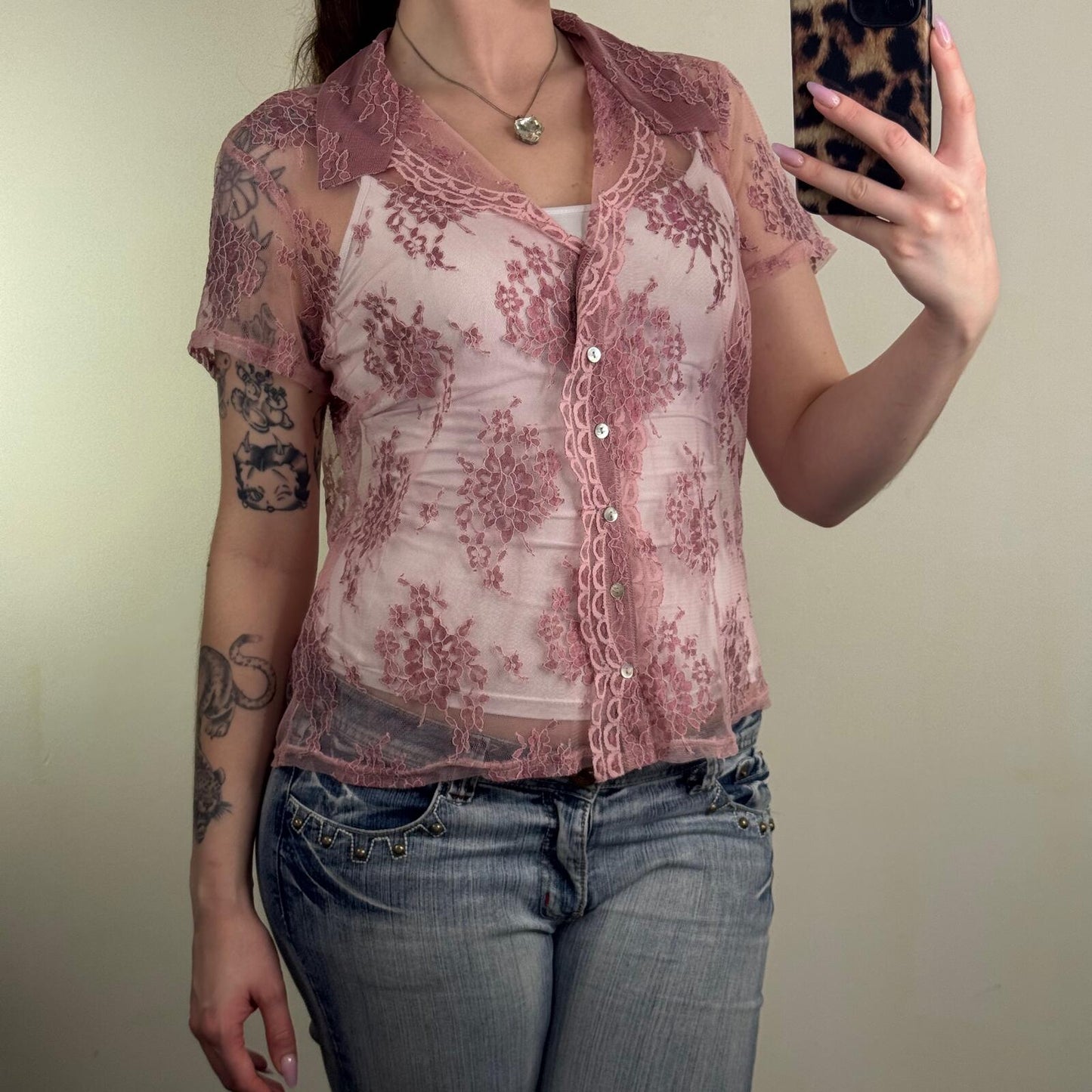 Y2K vintage lace top short sleeve sheer button up lace collared v neck floral