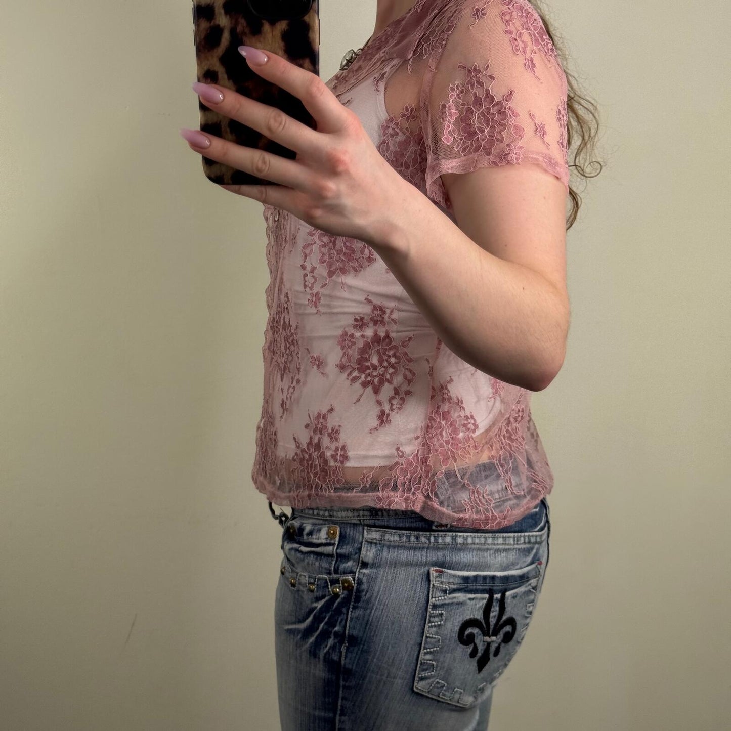 Y2K vintage lace top short sleeve sheer button up lace collared v neck floral