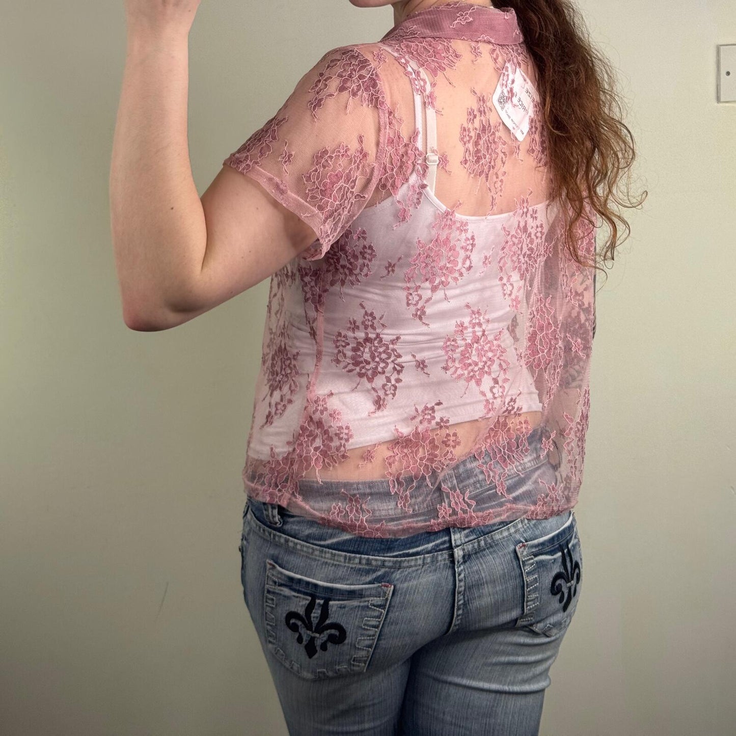 Y2K vintage lace top short sleeve sheer button up lace collared v neck floral