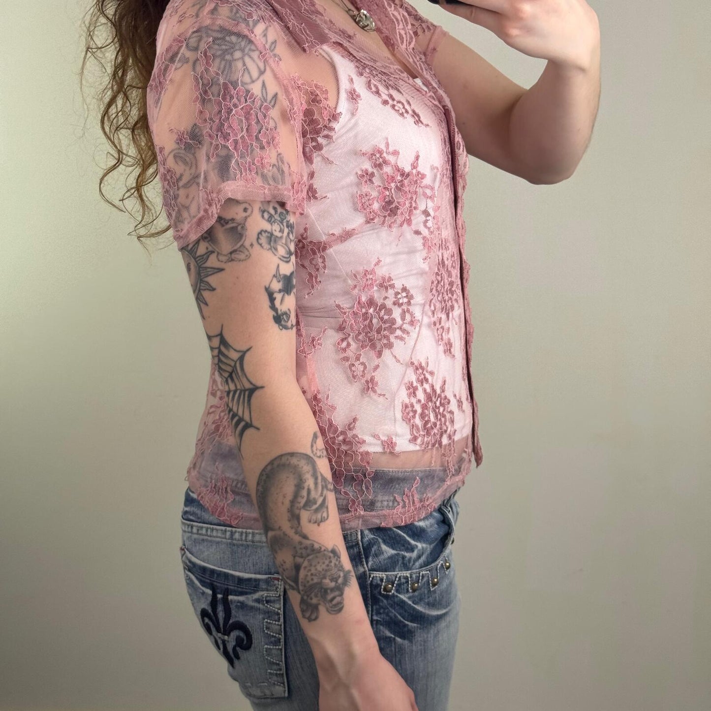 Y2K vintage lace top short sleeve sheer button up lace collared v neck floral