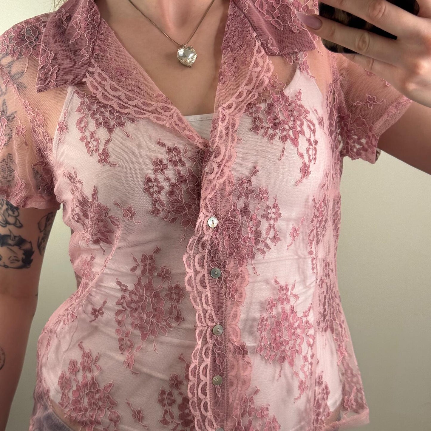 Y2K vintage lace top short sleeve sheer button up lace collared v neck floral
