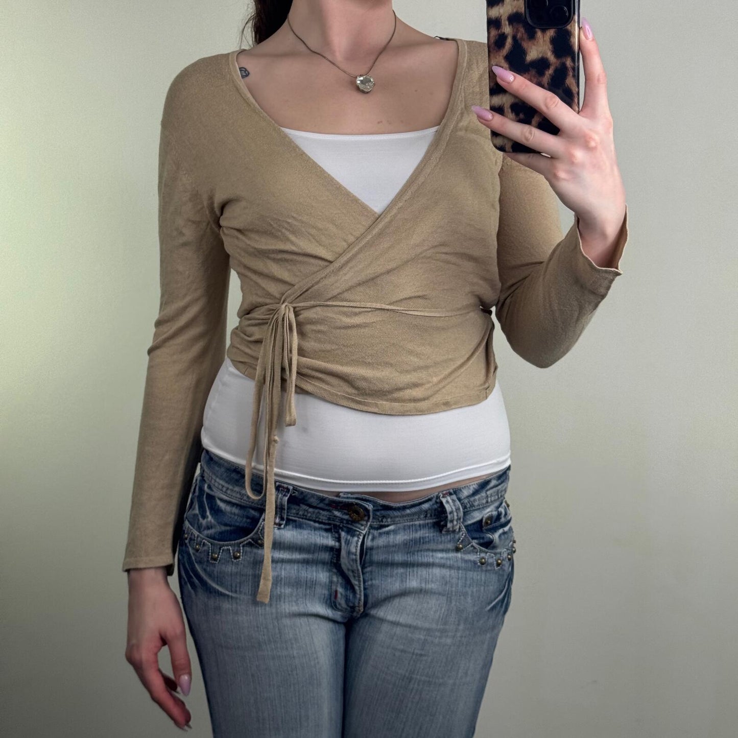 Y2K vintage long sleeve top wrap v neck adjustable bow cropped lightweight